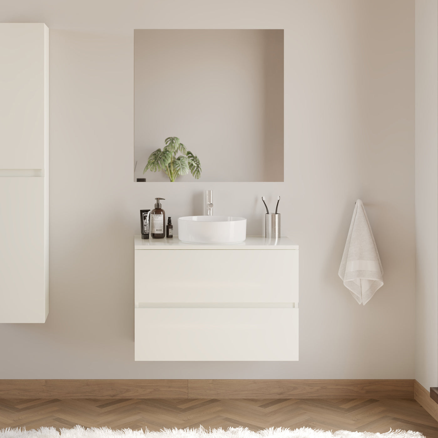 Meuble De Salle De Bain 80cm Avec Plateau Et Vasque À Poser Ronde - 2 Tiroirs - Blanc Brillant - Ida