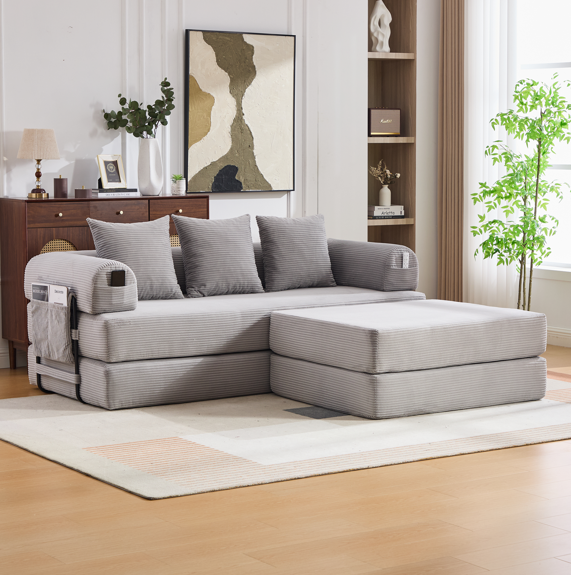 Canapé Modulable En Corduroy Gris Clair Avec Ottoman, Cadre Métal, Poche Latérale Et 3 Coussins