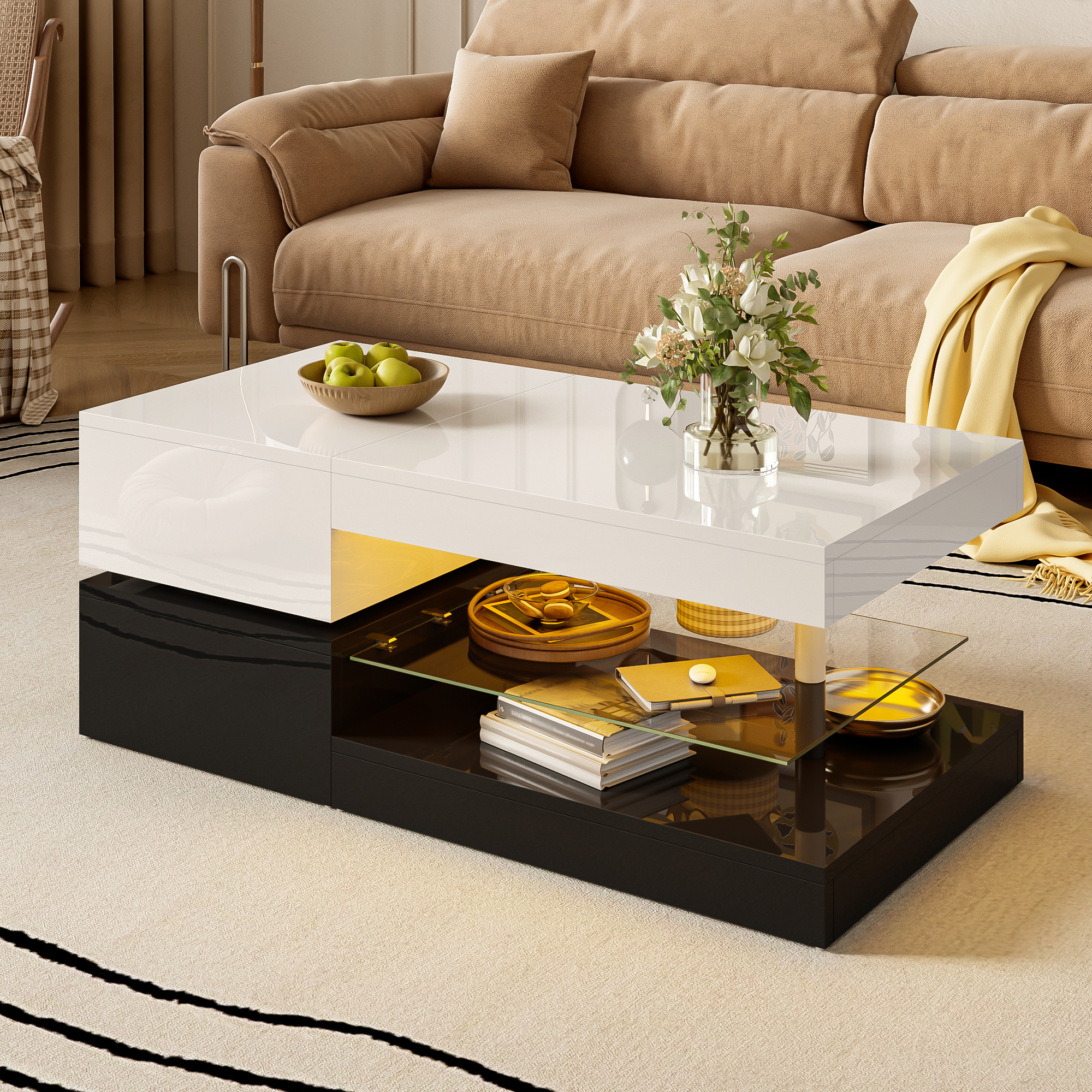 Redom Table Basse 90x45x35.5 Cm Avec Led Plateau En Verre, Panneau De Particules, Noir Et Blanc