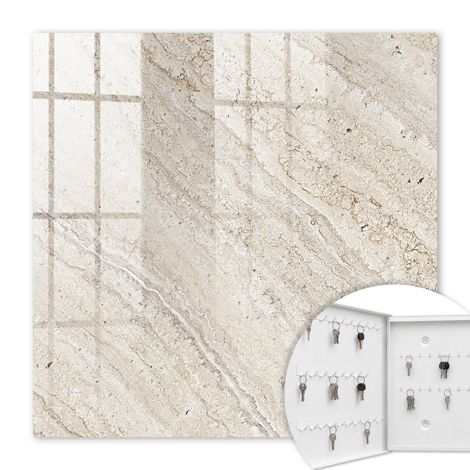 Armoire À Clés - (30 Cm X 30 Cm) - Boîte À Clés Murale - Coffret De Rangement Pour Clés - Couleur Blanche - Ouverture Vers La Gauche - Pour Maison Et Bureau - Marbre Clair