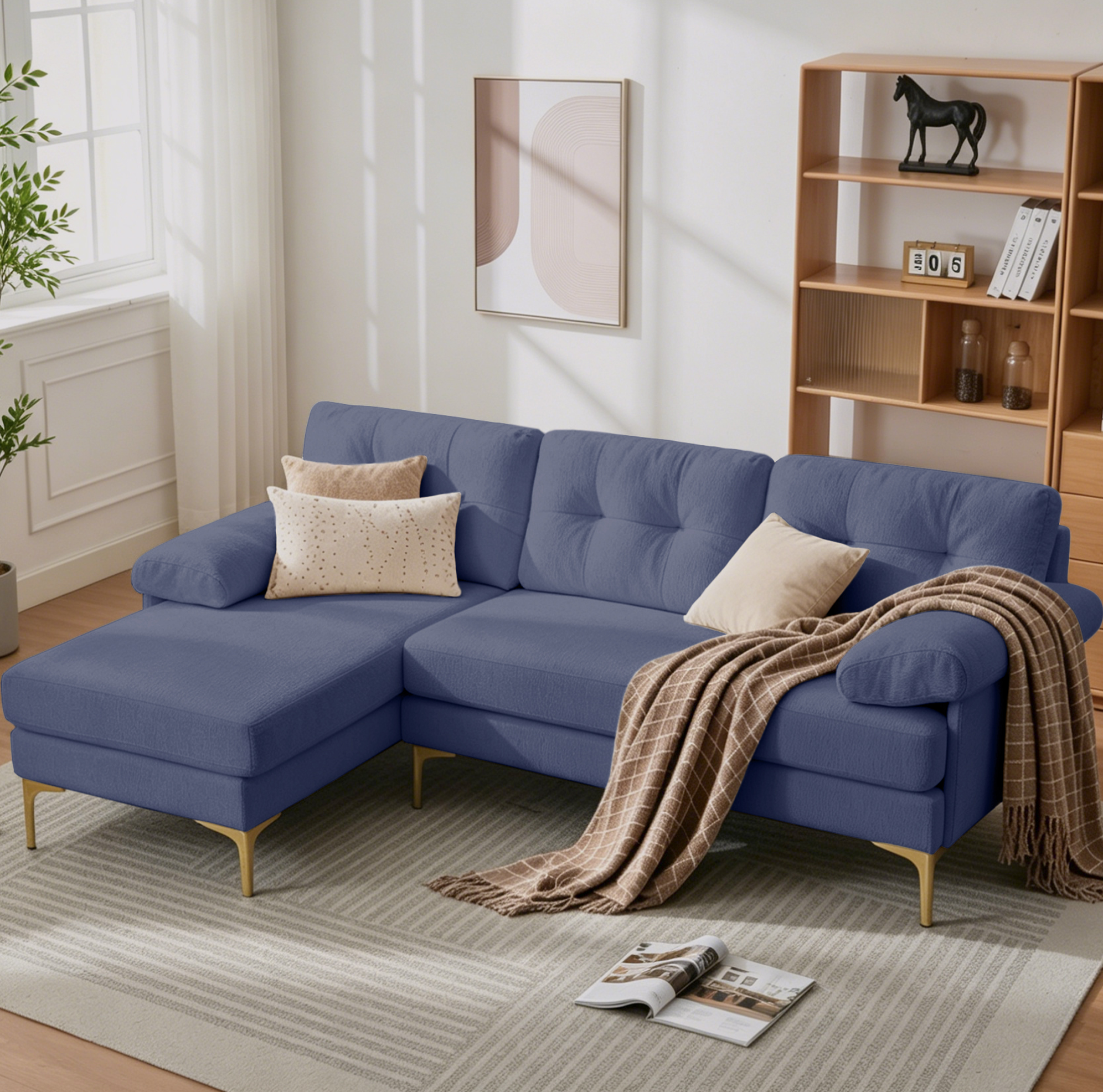 Canapé D'angle Convertible 187,5 Cm 3 Places En Chenille Bleu, Pieds Métal, Redom