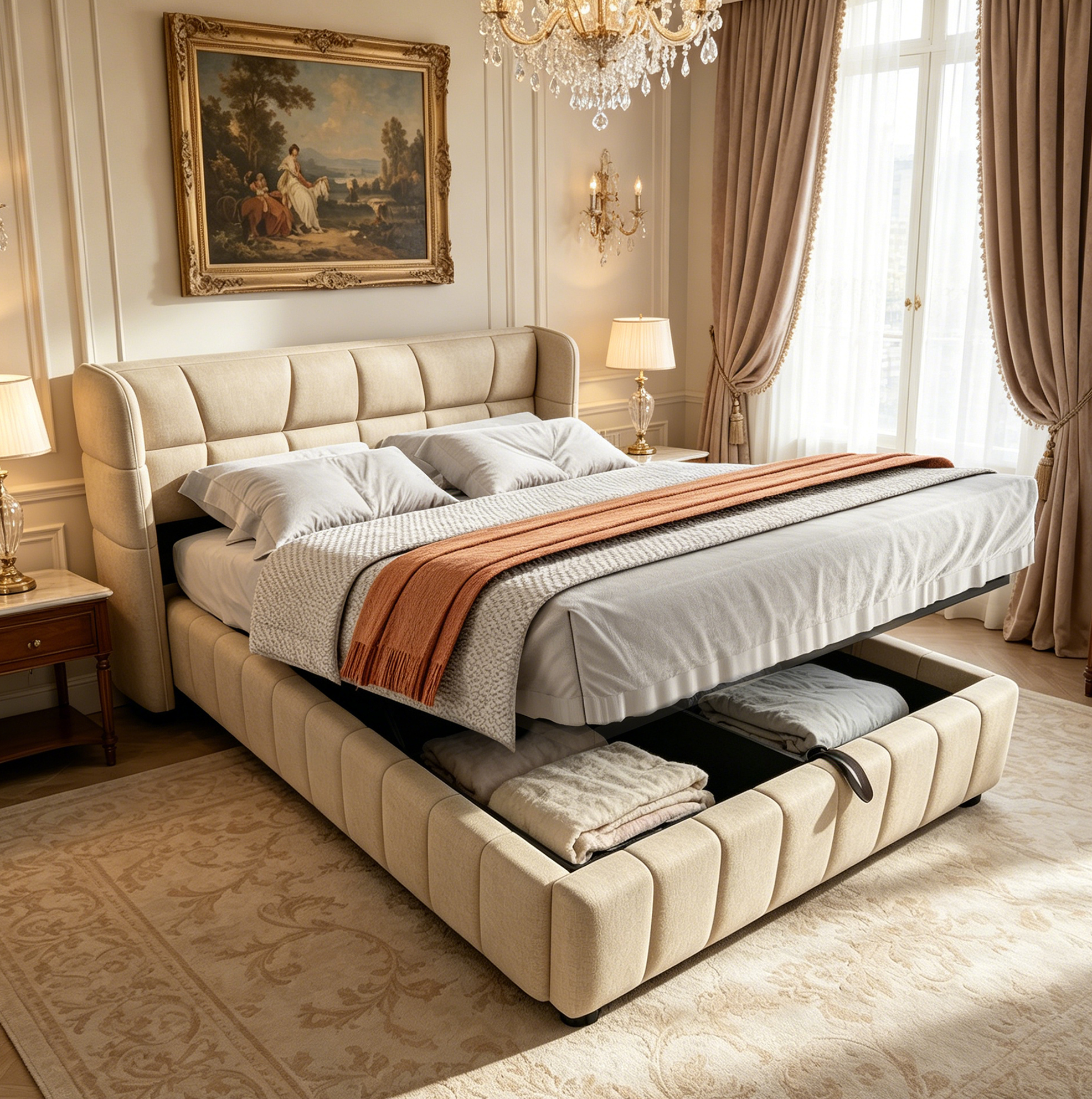 Lit Rembourré 140 X 200 Cm Avec Coffre, Cadre En Métal, Lin Beige, Redom