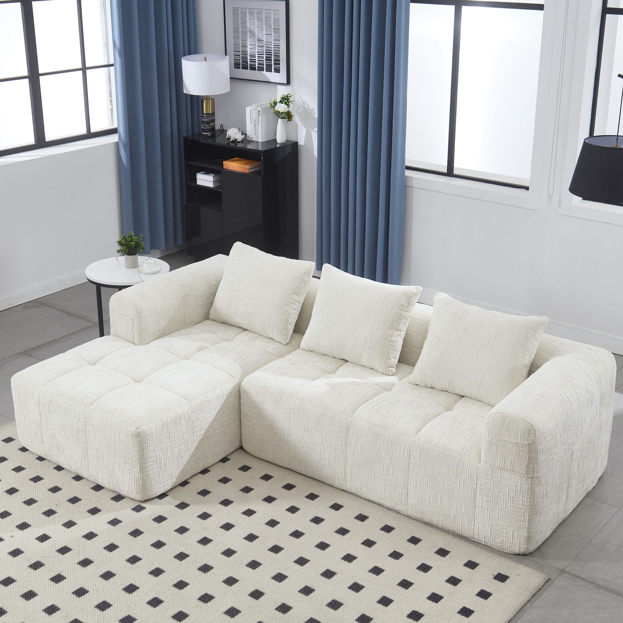 Canapé Modulable 3-4 Places Avec Méridienne, Tissu Effet Neige Doux, Mousse Haute Densité, Poches Latérales, Sans Montage