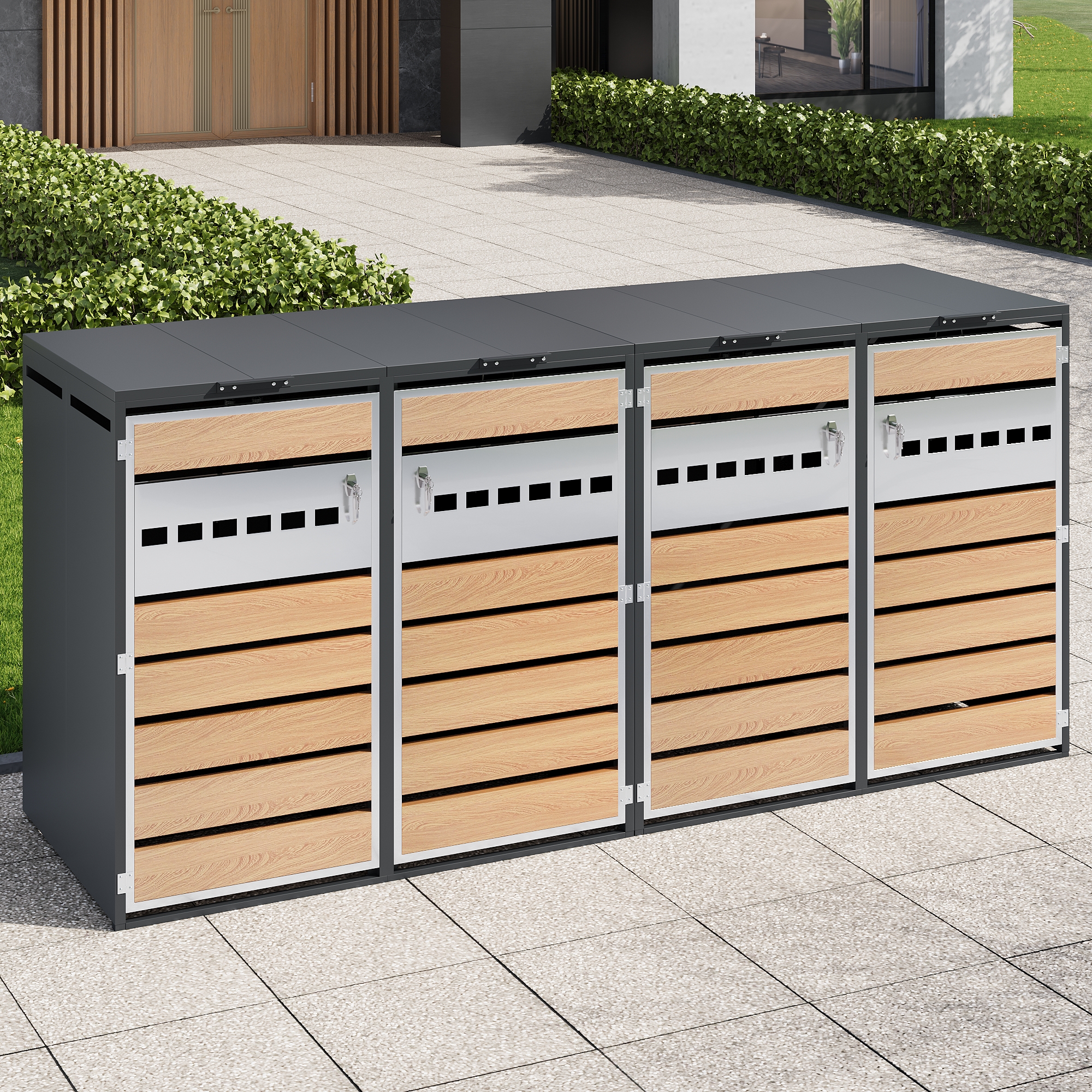 Redom Abri Cache-poubelles 4 Compartiments, Couvercle Relevable Hydraulique, Portes Verrouillables, Acier Gris Effet Bois