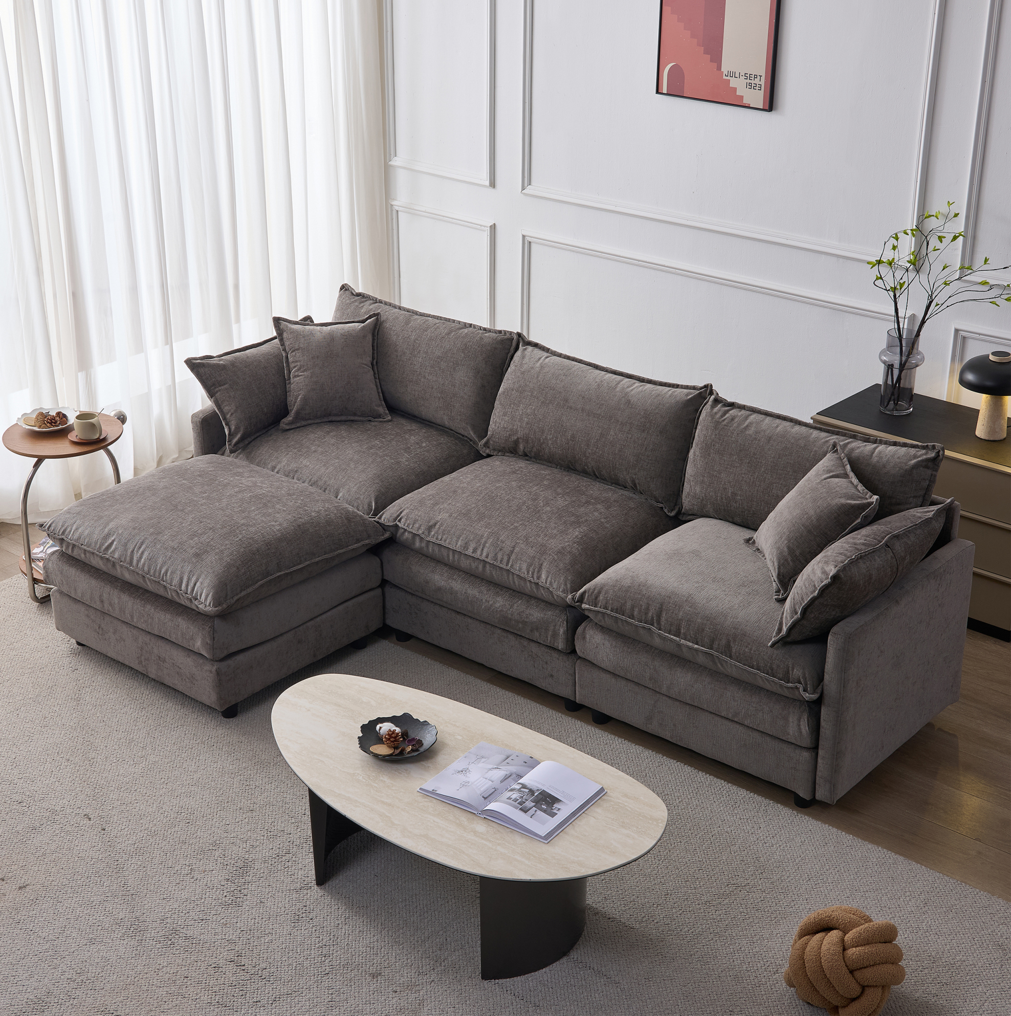 Canapé D'Angle Modulaire 3 Places Avec Pouf Mobile, En Chenille Grise