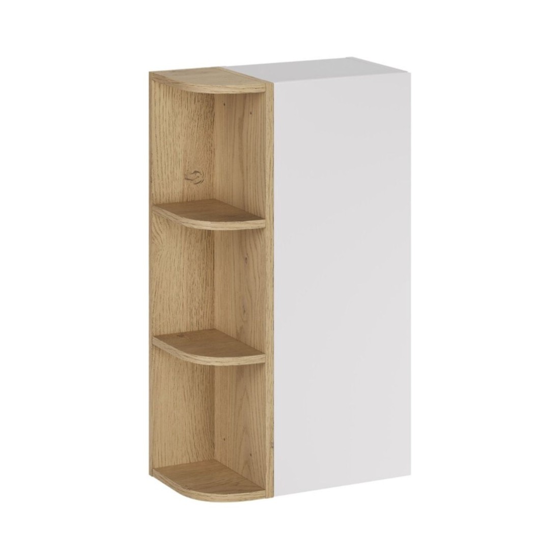 Meuble De Rangement Oster 45cm - Meuble Suspendu Blanc Mat 1 Porte Et 3 Niches Visibles Arrondies Aspect Chêne Clair