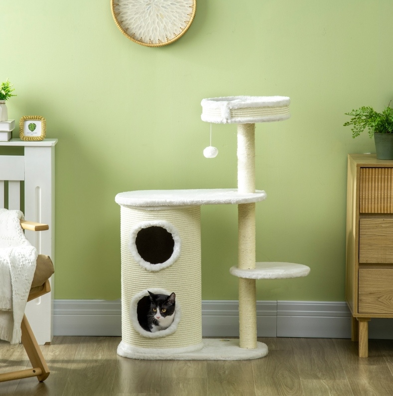 Arbre À Chat Avec Tonneau Griffoir, Panier, Jouet Suspendu, 59 X 35 X 100 Cm, Blanc Crème