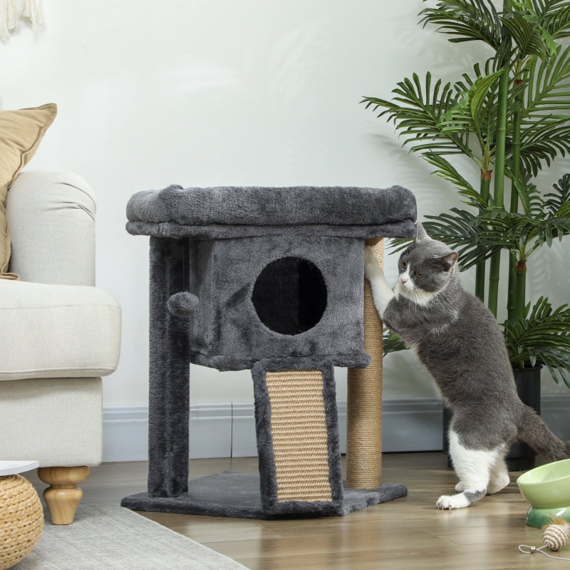 Arbre À Chat Avec Tapis En Jute, Plateforme, Balle, Niche, 40 X 40 X 57 Cm, Gris Foncé
