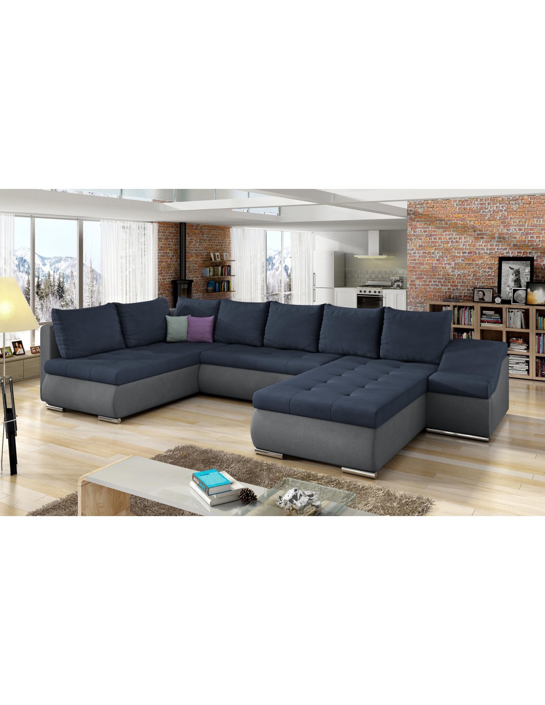 Canapé Panoramique Gyovani Bleu Et Gris Angle Droit Convertible Couchage 140x294cm
