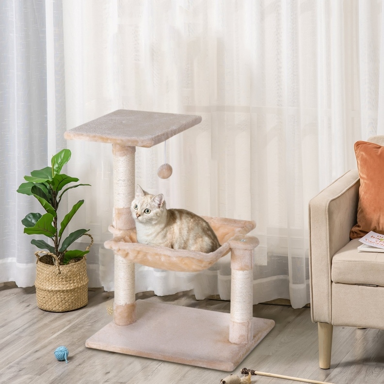 Arbre À Chat Beige 50 X 36 X 70 Cm Avec Hamac, Plateau Et Poteaux En Sisal