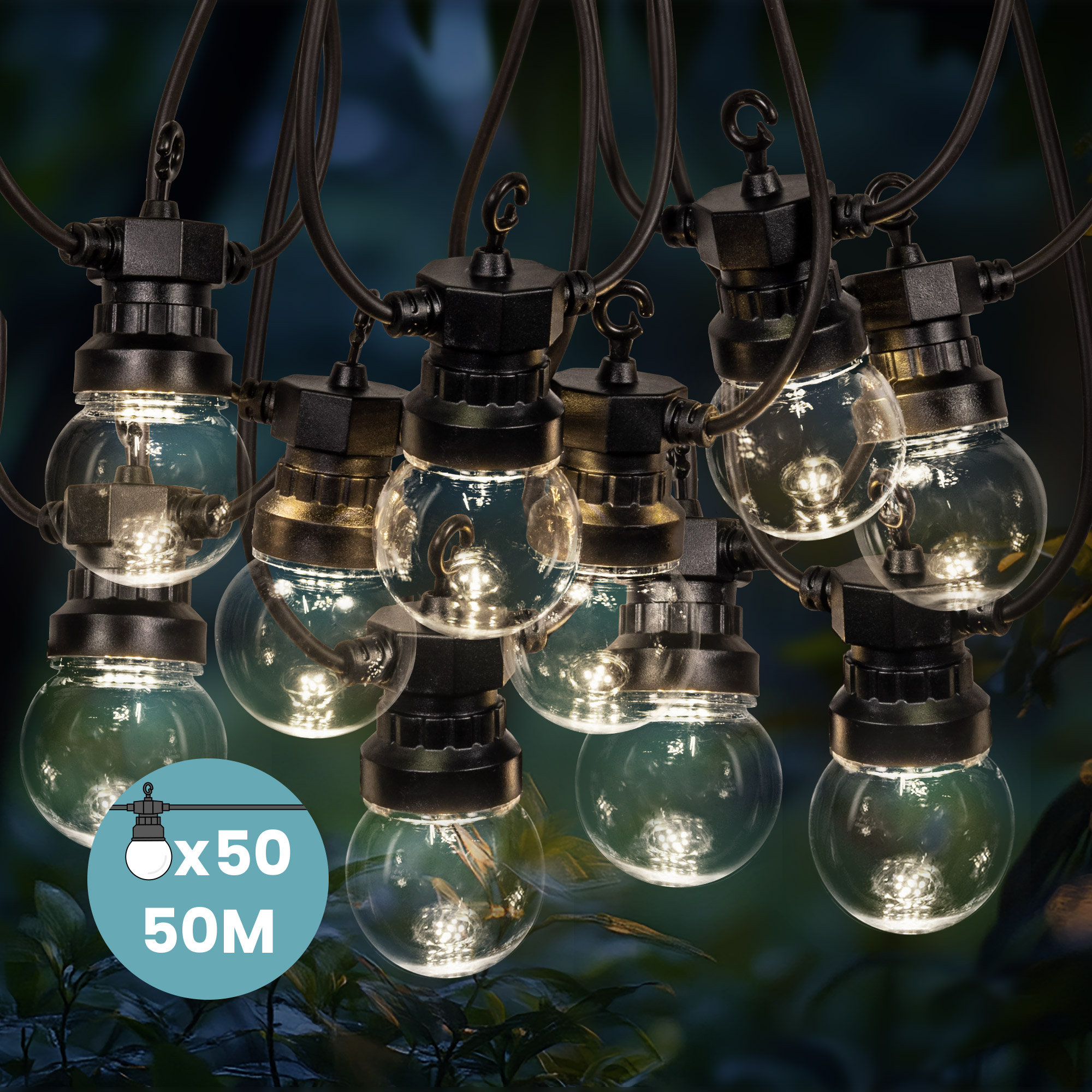 Guirlande Guinguette 50m Transparent - Guirlande Lumineuse Exterieure 50 Bulbes Transparents - Guirlande Guinguette Exterieur 50m + 3m De Cable