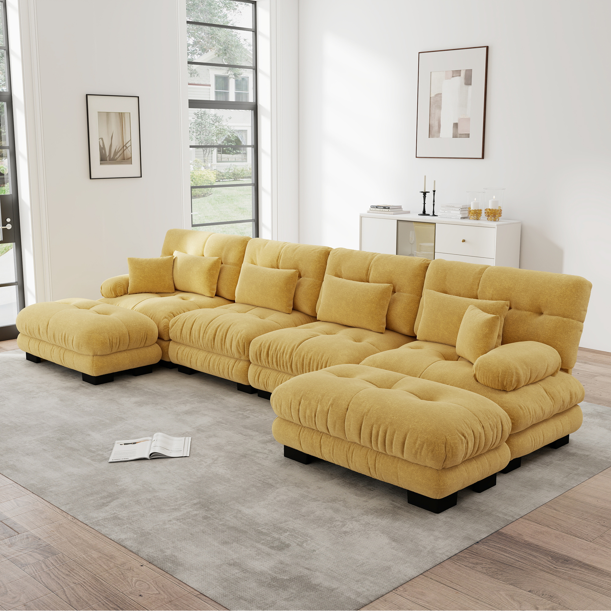 Redom Canapé 4 Places Modulaire En U, Ottomans Mobiles, Assise Profonde Confort, Accoudoirs Rembourrés, Chenille Jaune