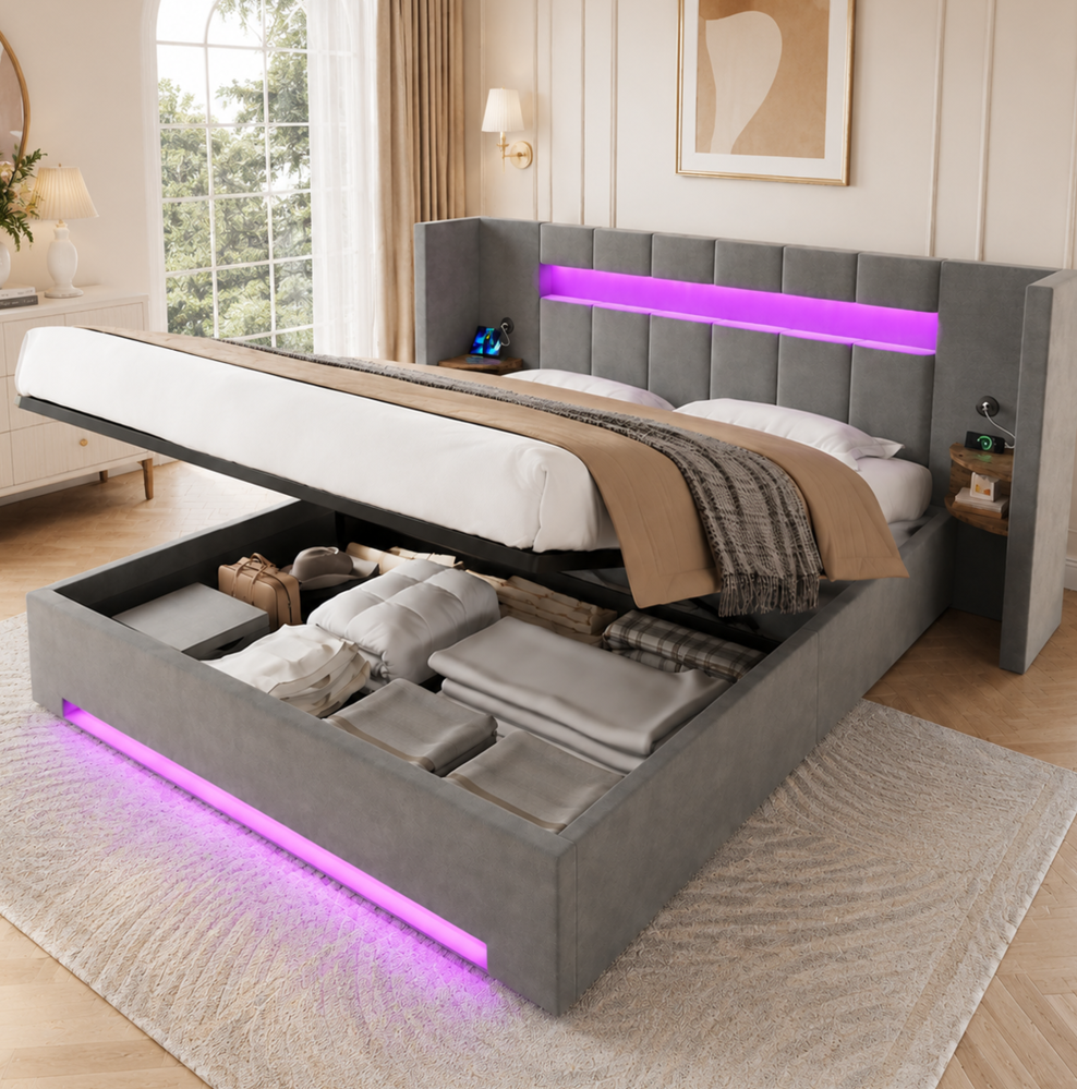 Redom - Lit Coffre - 180x200 Cm - Avec Tête De Lit Large - Usb - Rangements - Led- Velours - Gris Foncé (sans Matelas)