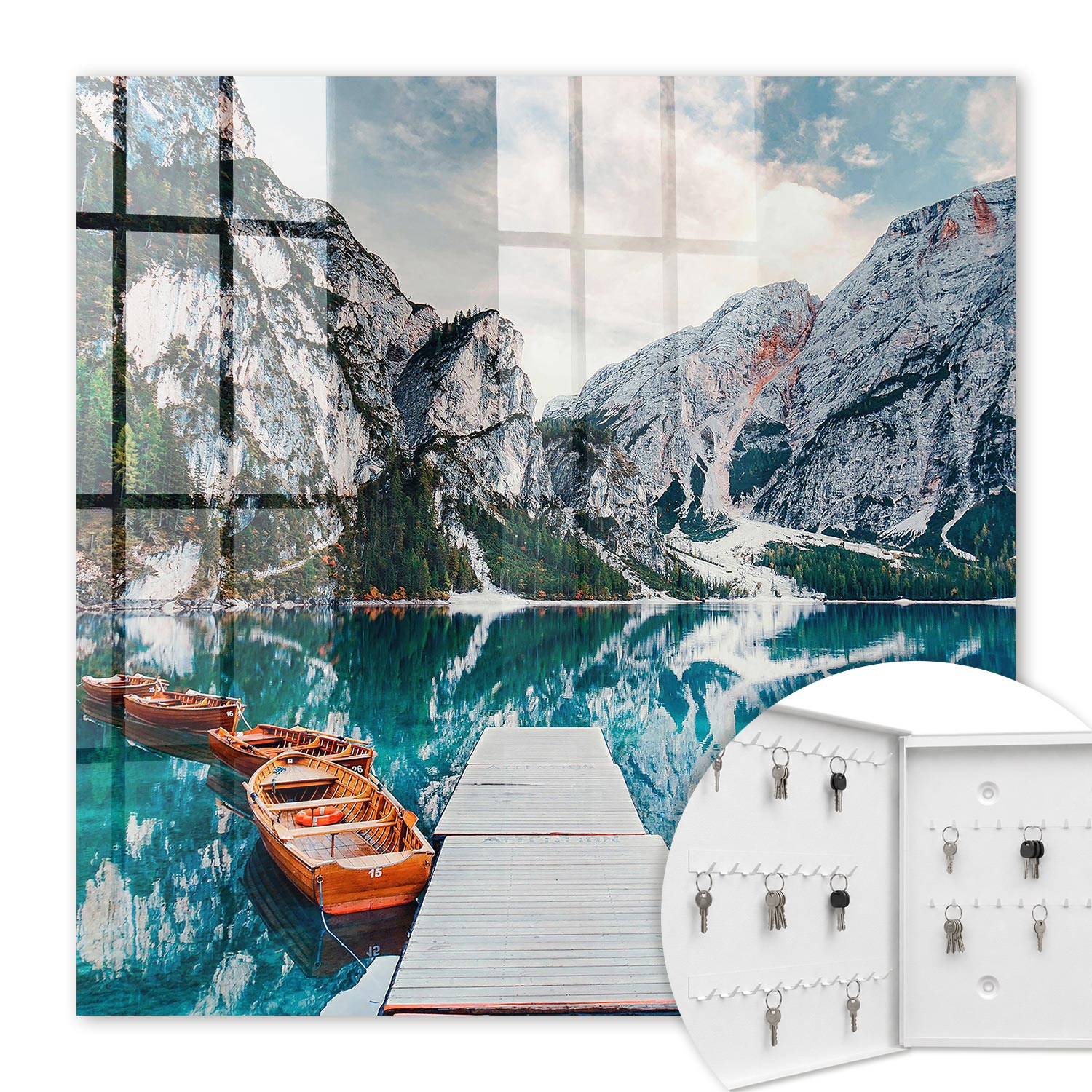 Armoire À Clés - (30 Cm X 30 Cm) - Boîte À Clés Murale - Coffret De Rangement Pour Clés - Couleur Blanche - Ouverture Vers La Gauche - Pour Maison Et Bureau - Paysage De Montagne