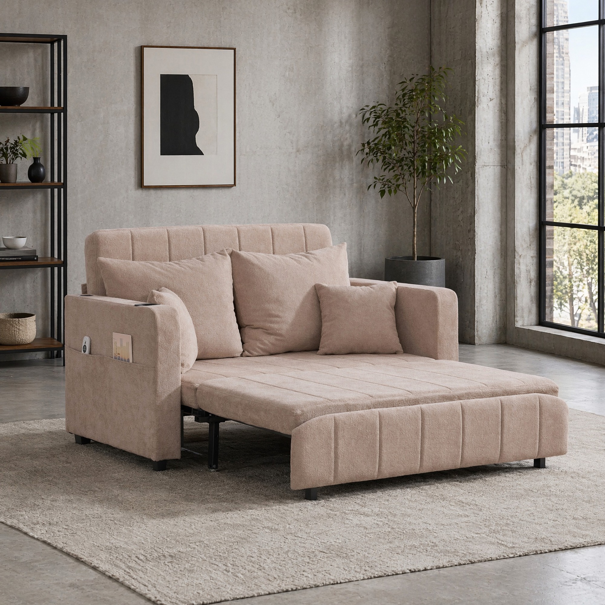 Canapé-lit Multifonction En Chenille Beige, Convertible, Avec Usb, Porte-gobelets Et Poches