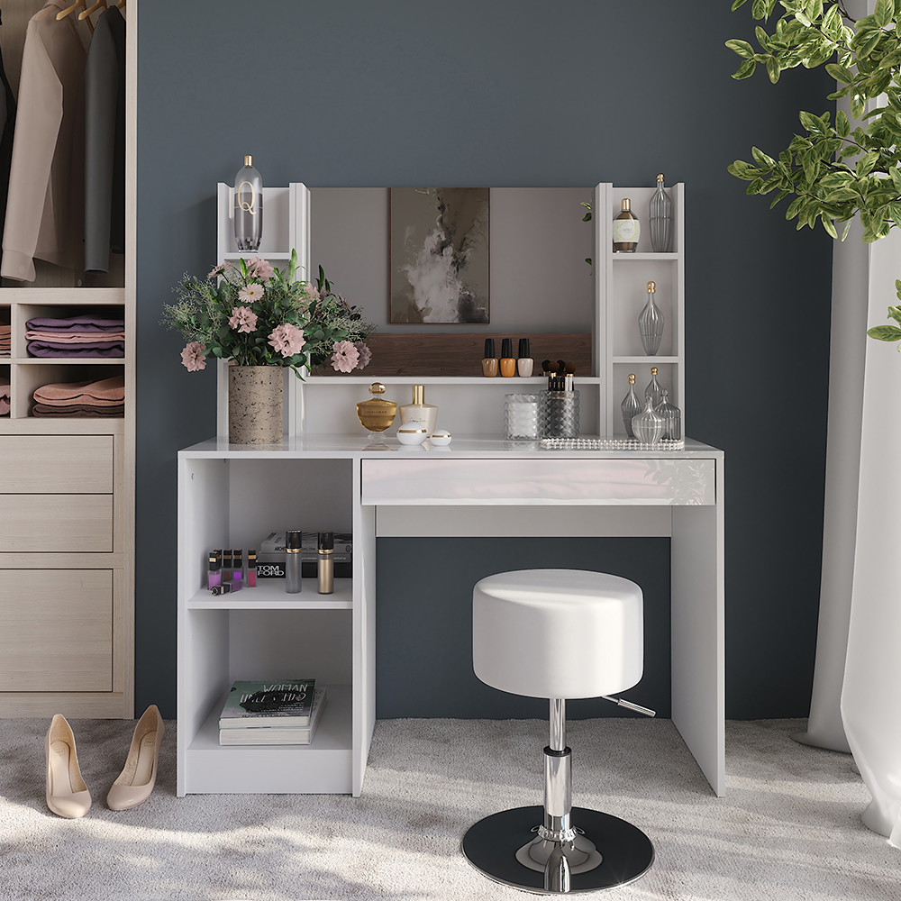 Coiffeuse Sherry, Blanc/blanc Haute Brillance, 119.8cm Avec Miroir Et Tabouret, Vicco