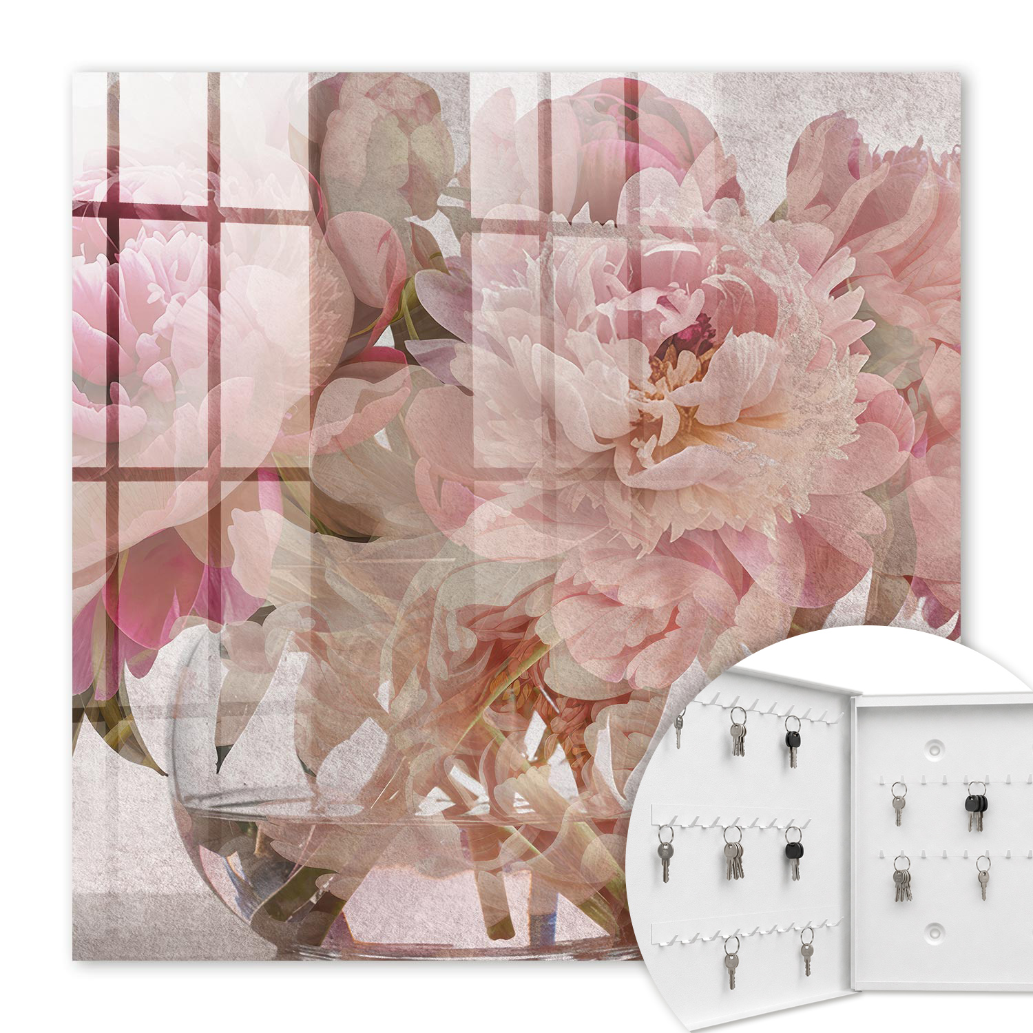 Armoire À Clés - (30 Cm X 30 Cm) - Boîte À Clés Murale - Coffret De Rangement Pour Clés - Couleur Blanche - Ouverture Vers La Gauche - Pour Maison Et Bureau - Fleurs Romantiques