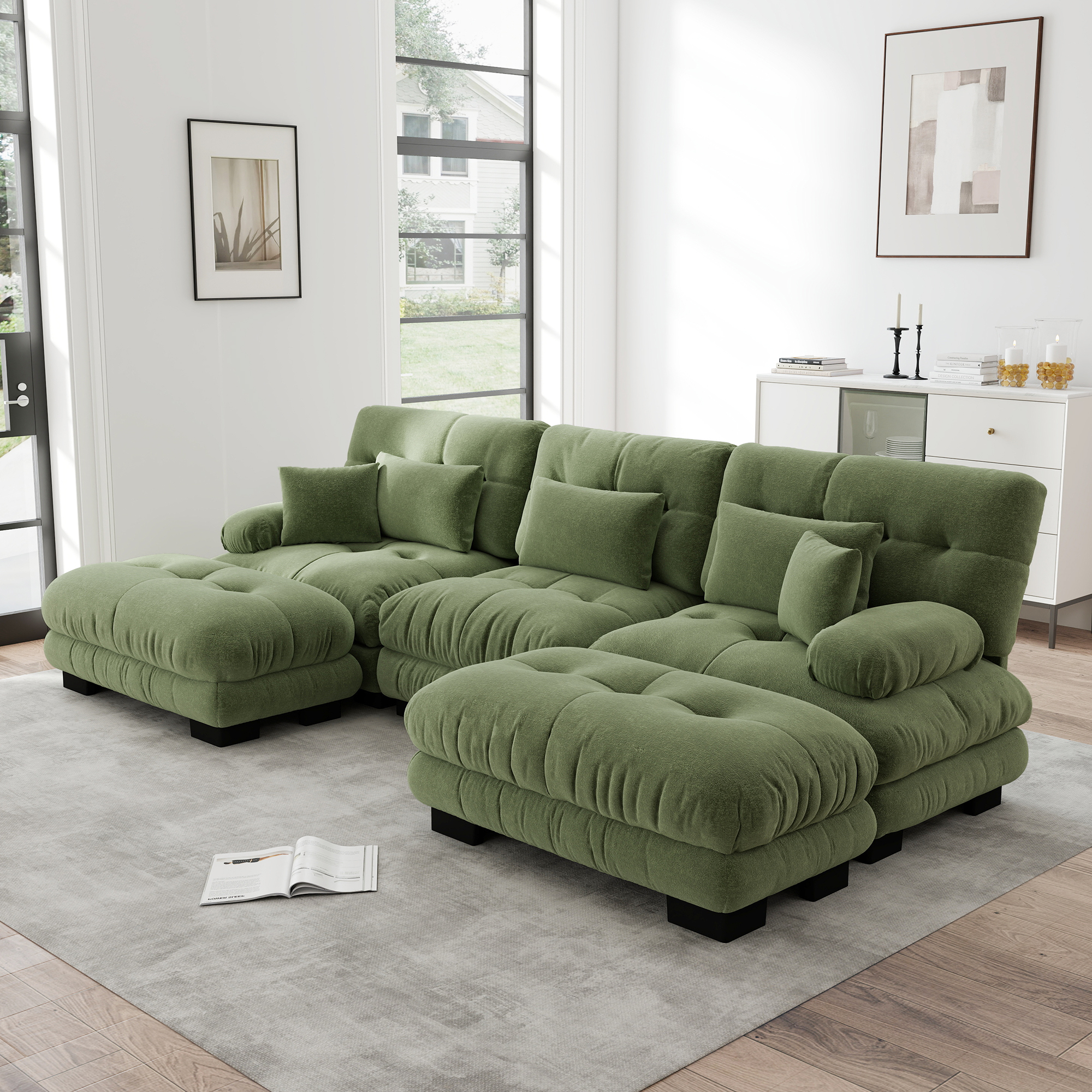 Redom Canapé 3 Places Modulaire, Assise Profonde, Avec Ottomans Mobiles, Configuration En U L Ou Droite, Chenille Verte