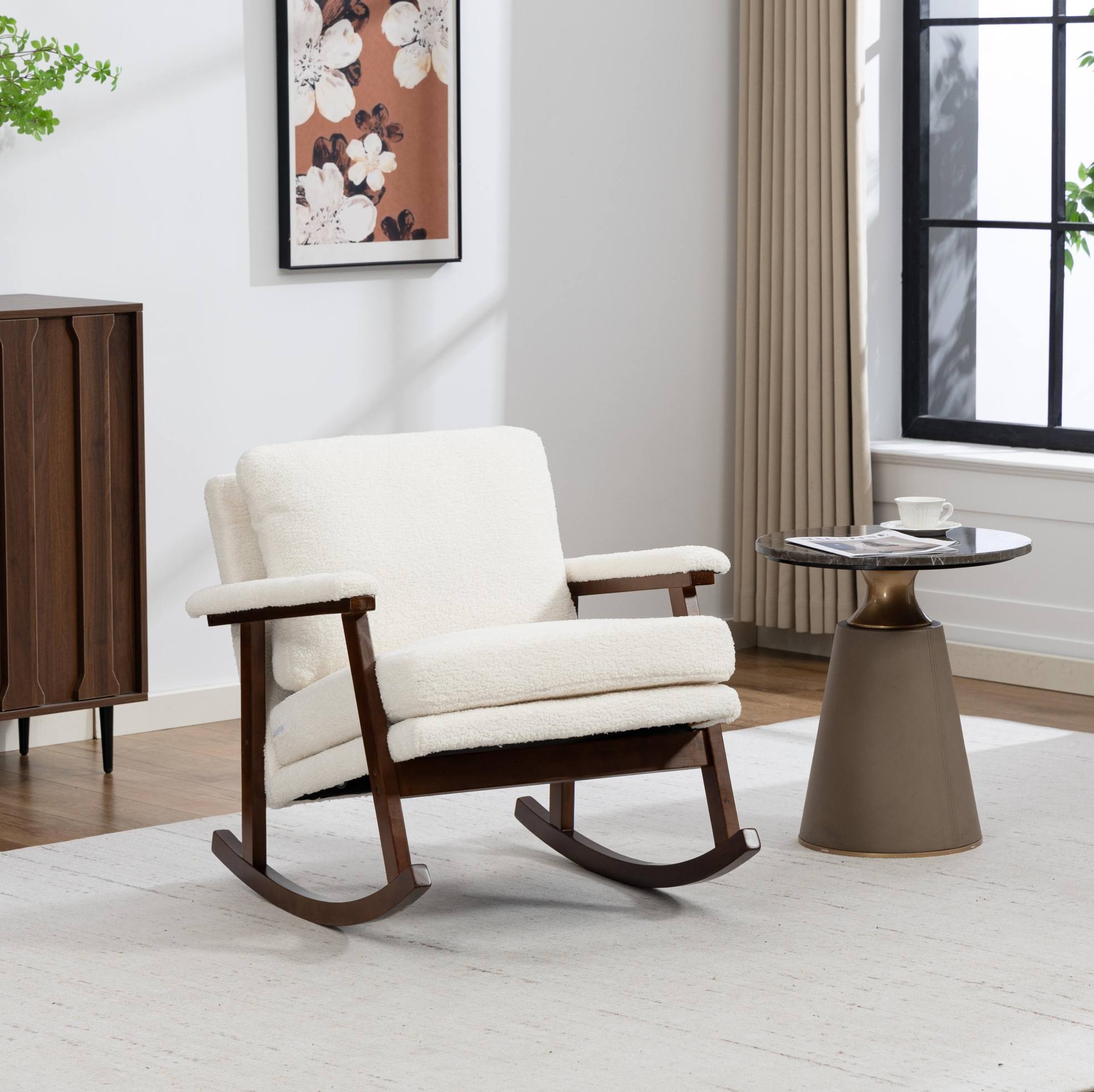 Fauteuil À Bascule D'appoint Style Mid-century Moderne Avec Structure En Bois, Assise Blanche Redom