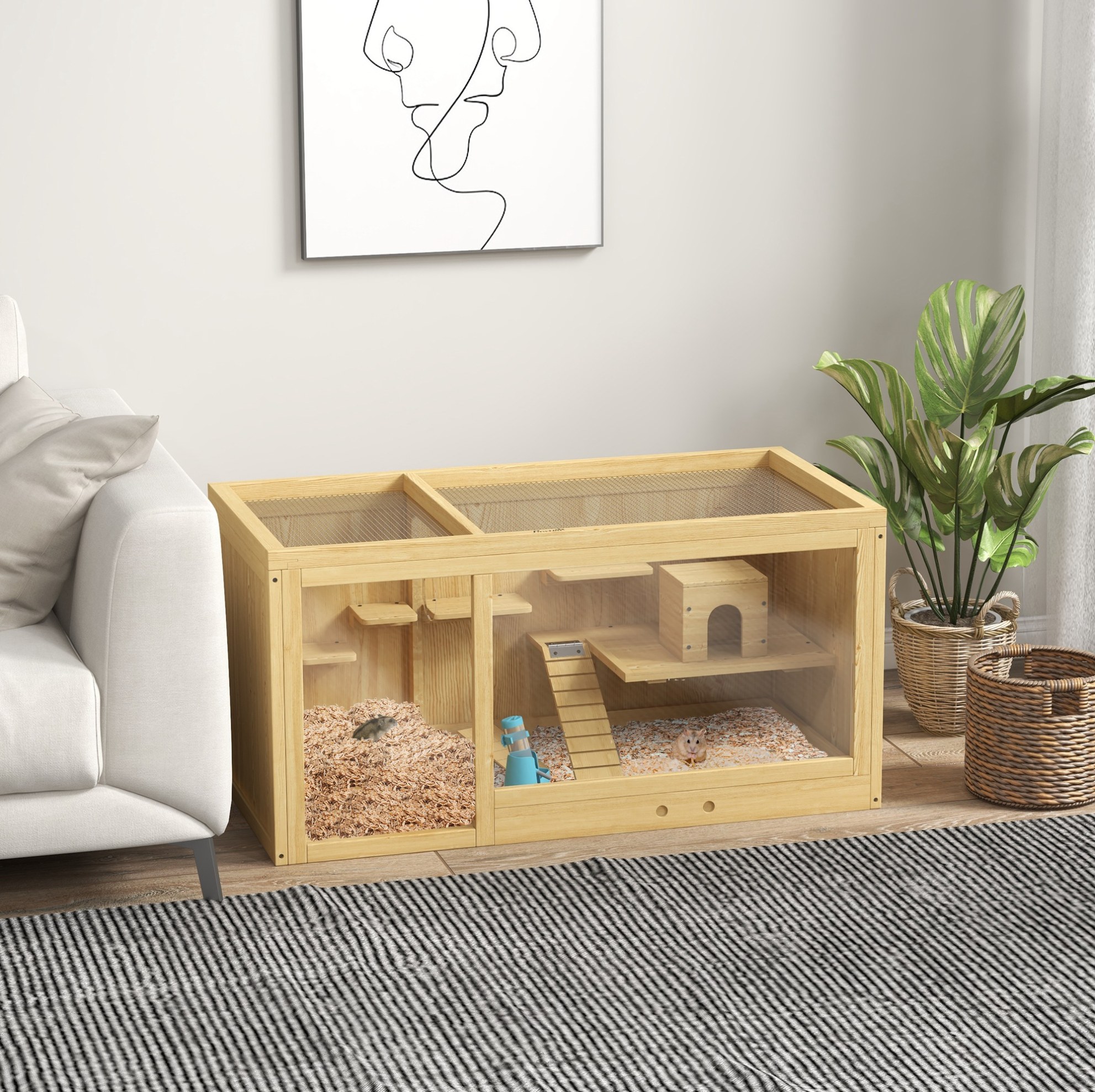 Cage À Hamster En Bois Naturel 100 X 50 X 50 Cm Avec Plateformes, Échelles Et Toit Ouvrant