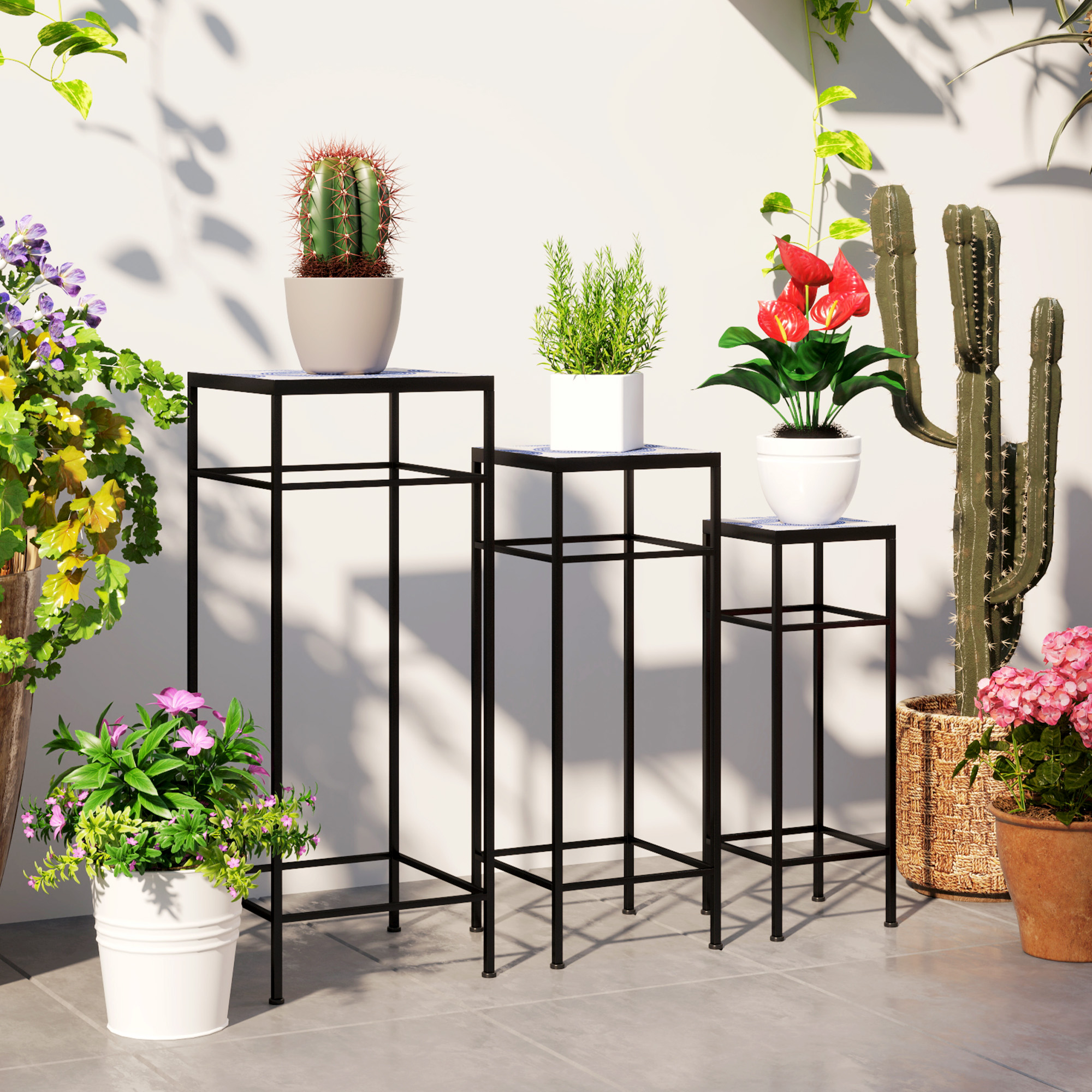 Redom Lot De 3 Porte Plantes, Design Mosaïque Géométrique, Empilables, Sans Montage, Métal Bleu