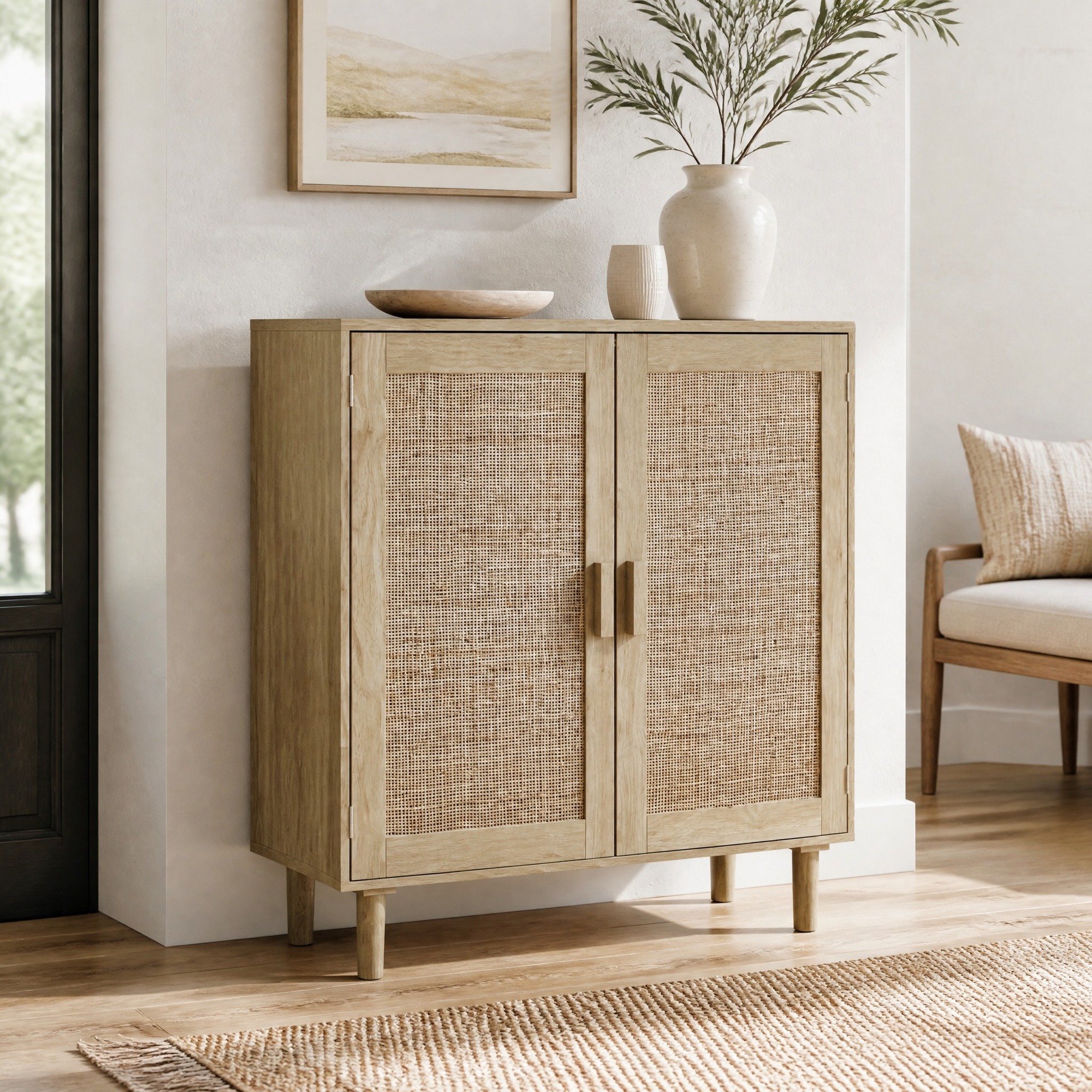 Buffet De Rangement 2 Portes En Rotin 80 X 40 X 88 Cm, Naturel, Redom