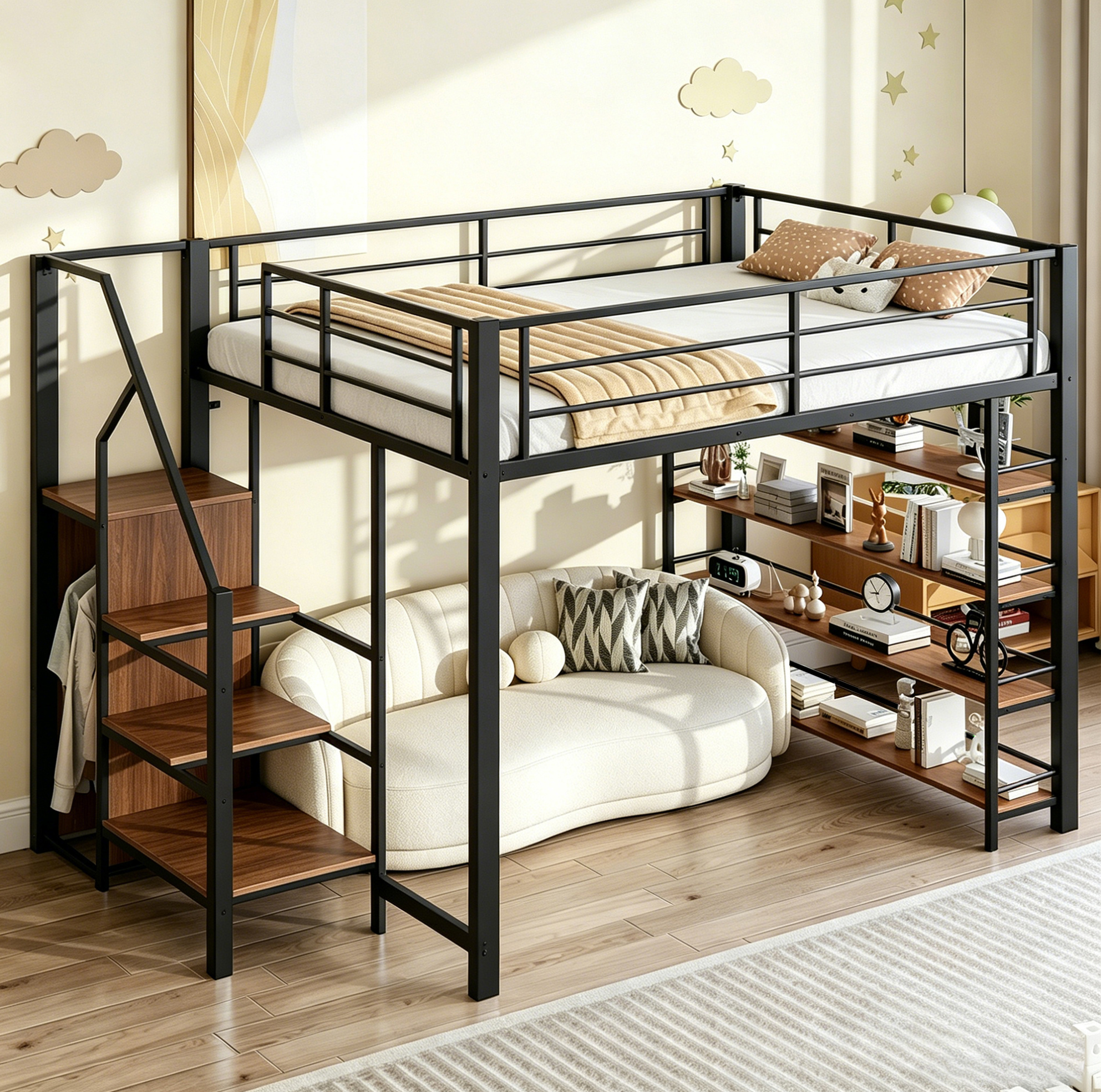 Lit Mezzanine 140x200 En Métal, Avec Escalier De Rangement, Placard, Étagères, Noir