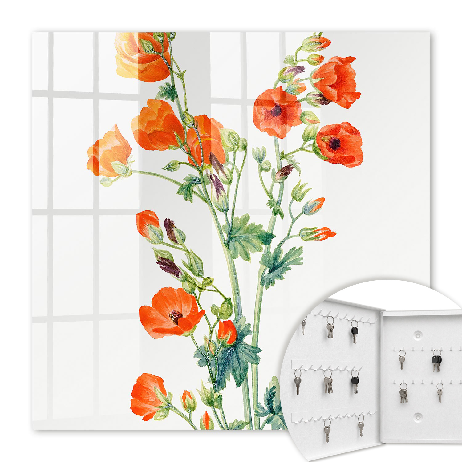 Armoire À Clés - (30 Cm X 30 Cm) - Boîte À Clés Murale - Coffret De Rangement Pour Clés - Couleur Blanche - Ouverture Vers La Gauche - Pour Maison Et Bureau - Coquelicots Orange