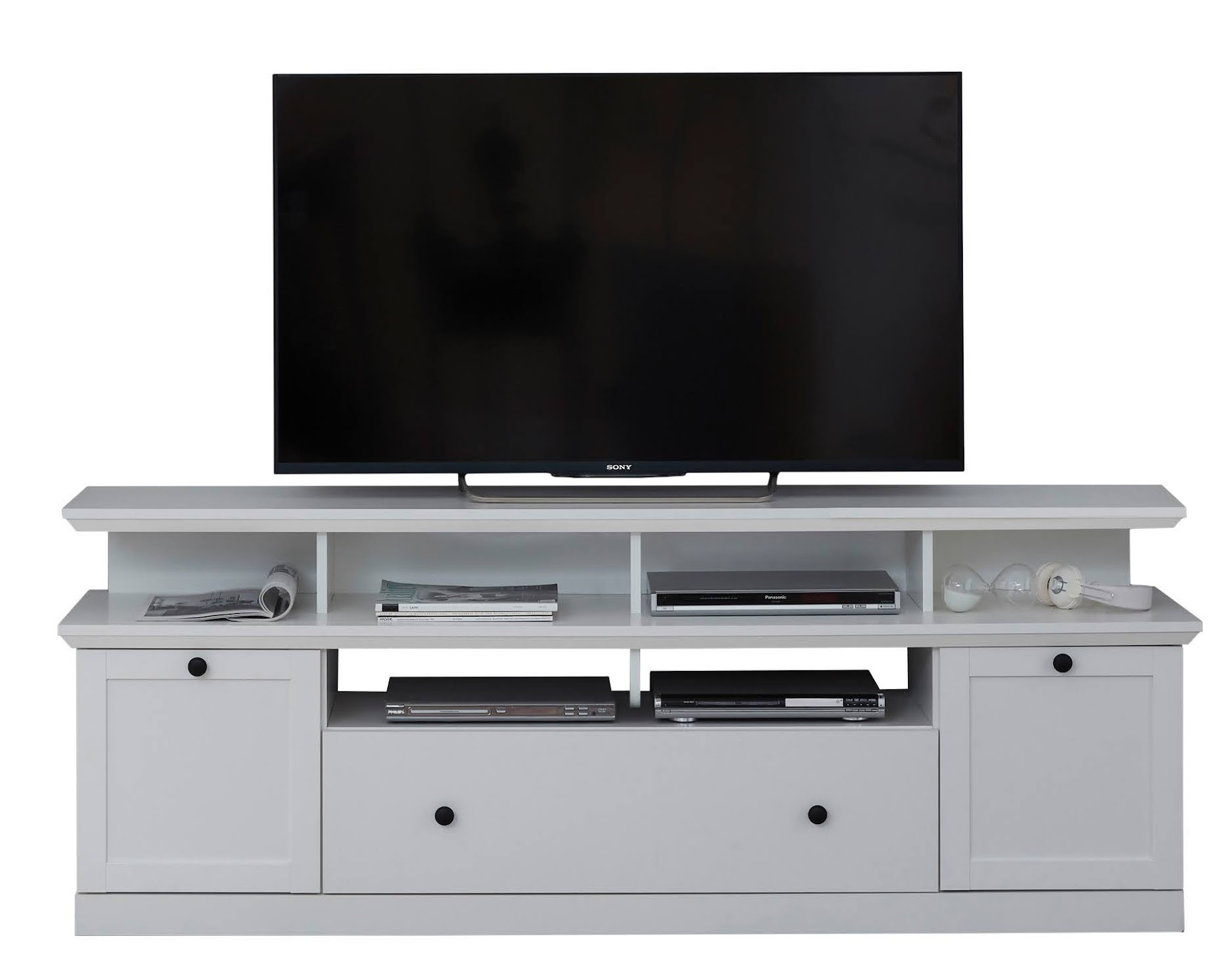 Meuble Tv Blanc 3 Portes 5 Niches Style Campagnard Moderne Valex 177cm