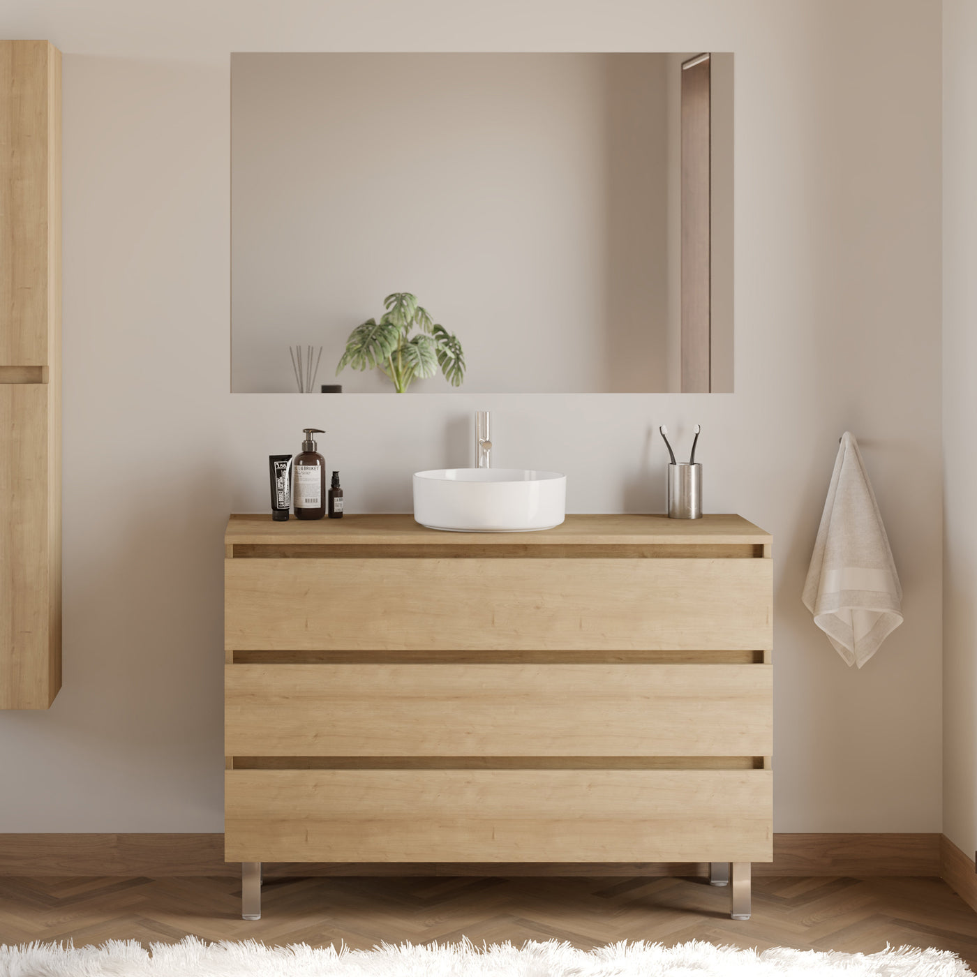 Meuble De Salle De Bain 120cm Avec Plateau Et Vasque À Poser Ronde - 3 Tiroirs - Nebraska (chêne Clair) - Mayor