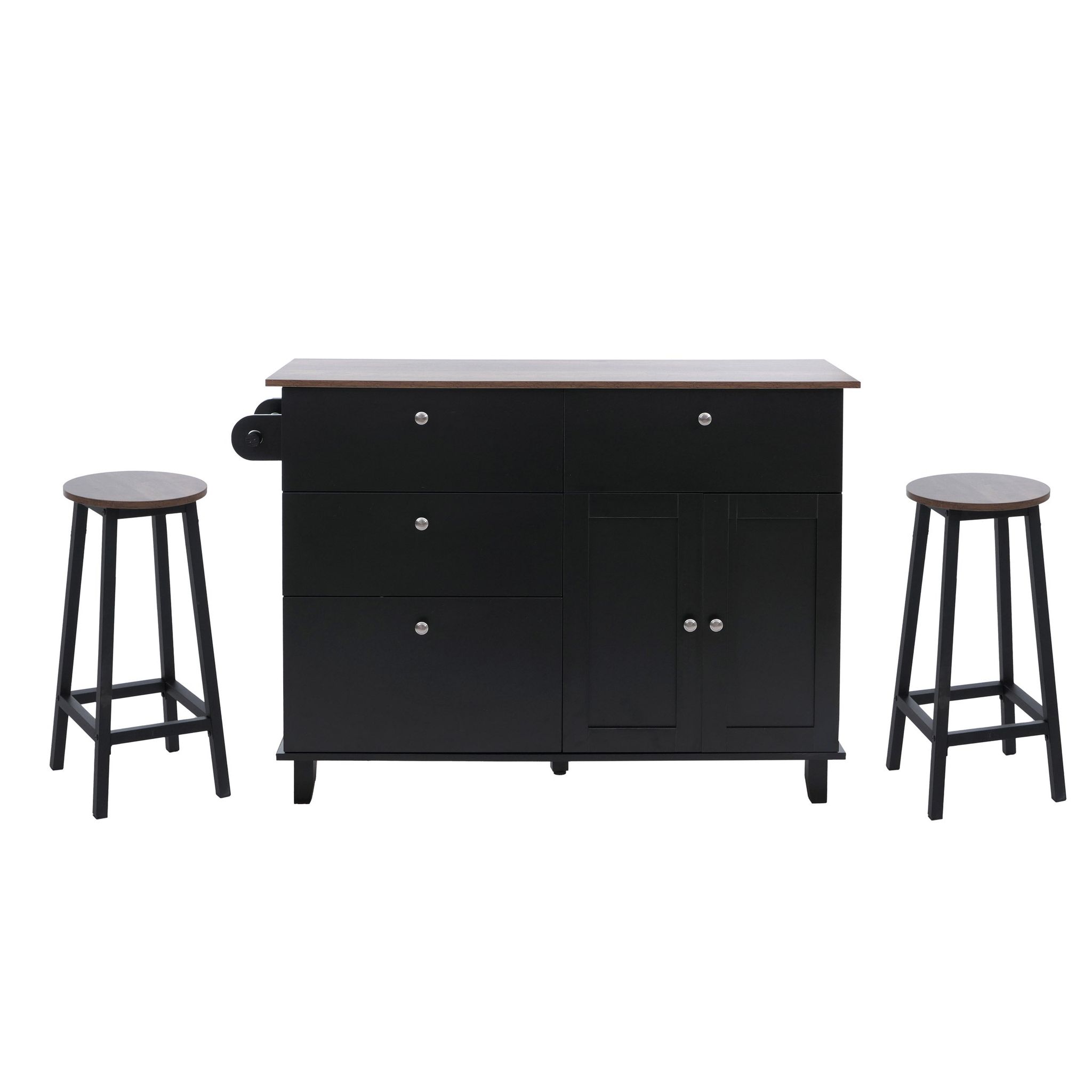 Îlot De Cuisine Avec 2 Tabourets Meuble De Rangement Avec 4 Tiroirs Et 2 Portes 90x131x47 Cm Noir Et Bois Clair 040008787
