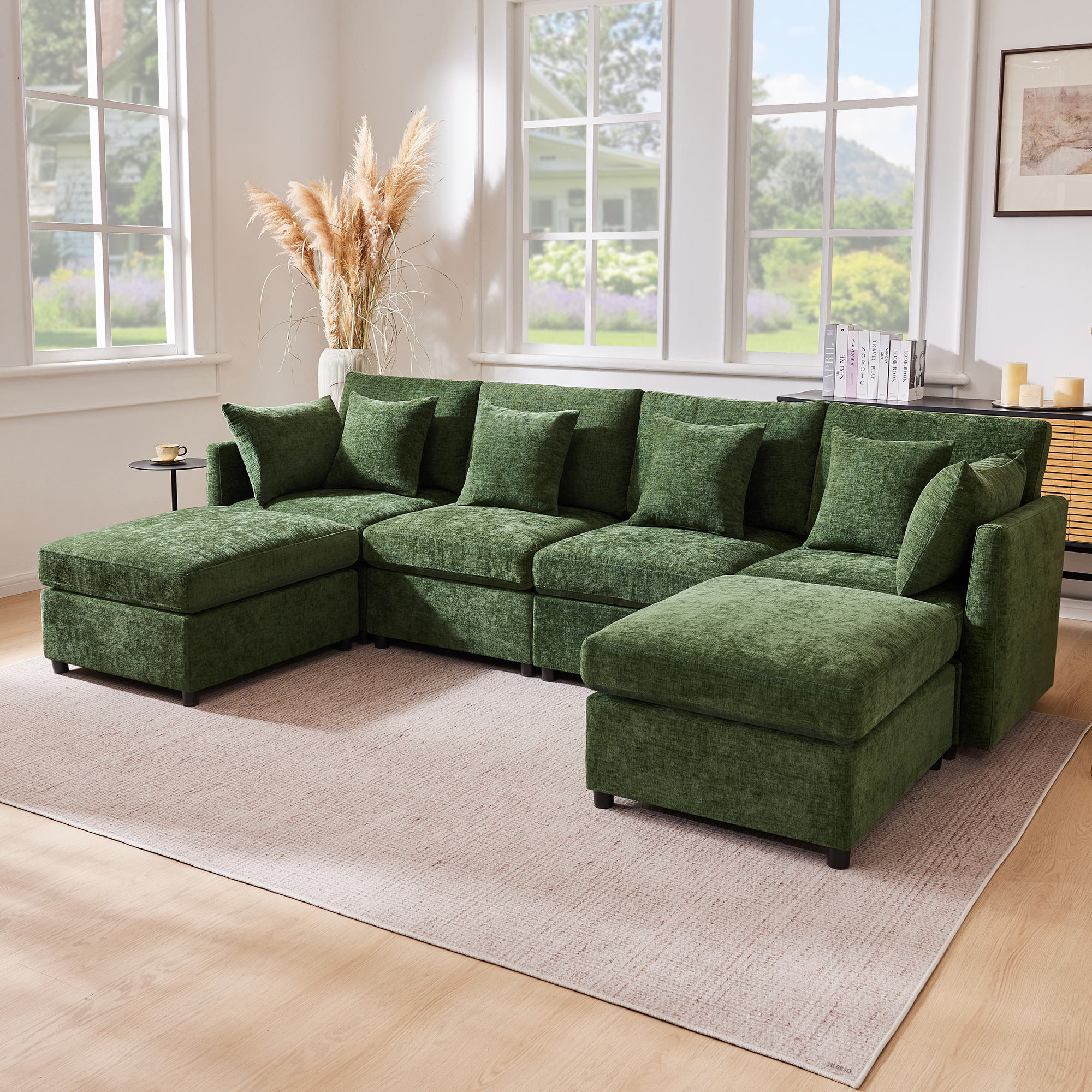 Redom Canapé Convertible 6 Places, Convertible En U Ou L, 2 Poufs Et 6 Coussins, Chenille Vert