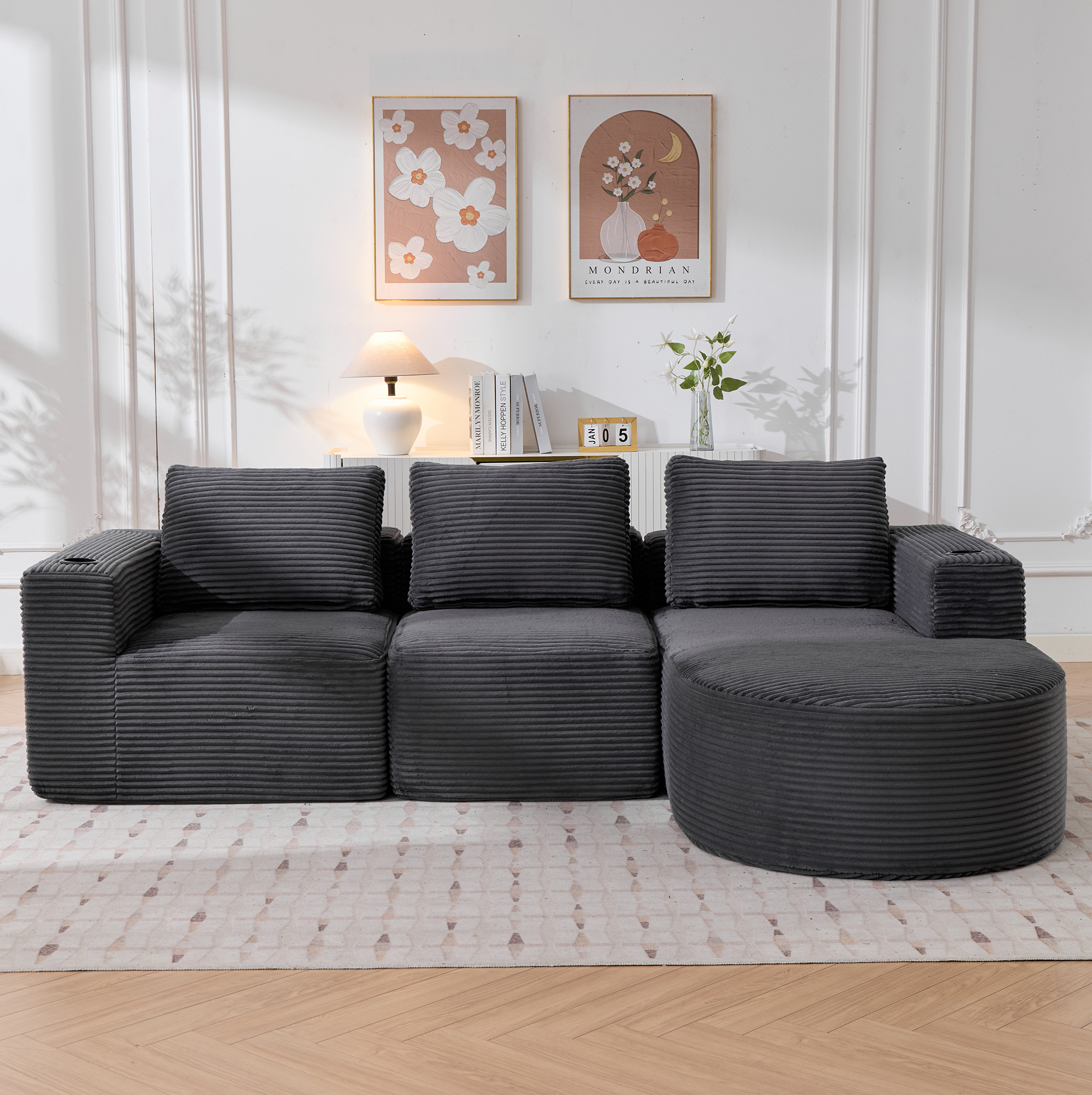 Canapé D'Angle 3 Places 258 Cm En Polyester Gris Foncé Avec 3 Coussins Et 2 Porte-gobelets Redom