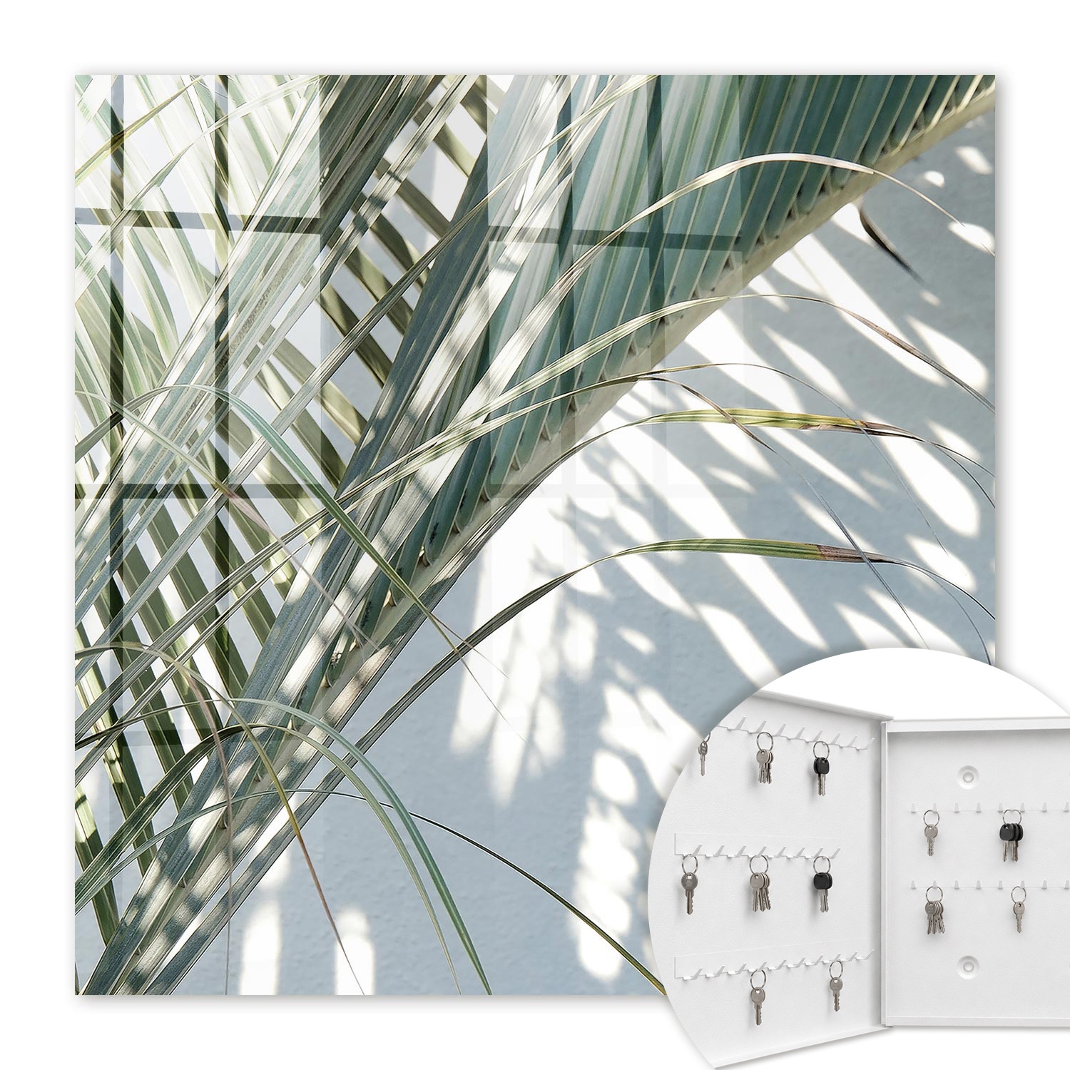 Armoire À Clés - (30 Cm X 30 Cm) - Boîte À Clés Murale - Coffret De Rangement Pour Clés - Couleur Blanche - Ouverture Vers La Gauche - Pour Maison Et Bureau - Palmiers Et Ombres