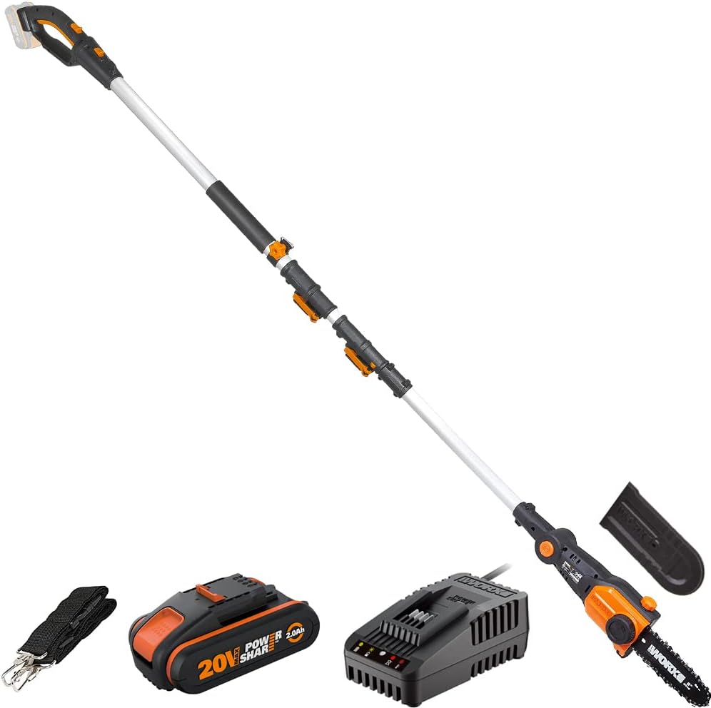 Worx - Elagueuse / Tronçonneuse Sur Tige Télescopique 20v - 2ah - Wg349e -⌀ 20 Cm (hauteur De Coupe 4m, Livrée Avec Batterie Et Chargeur, Harnais, Gaine De Lame)