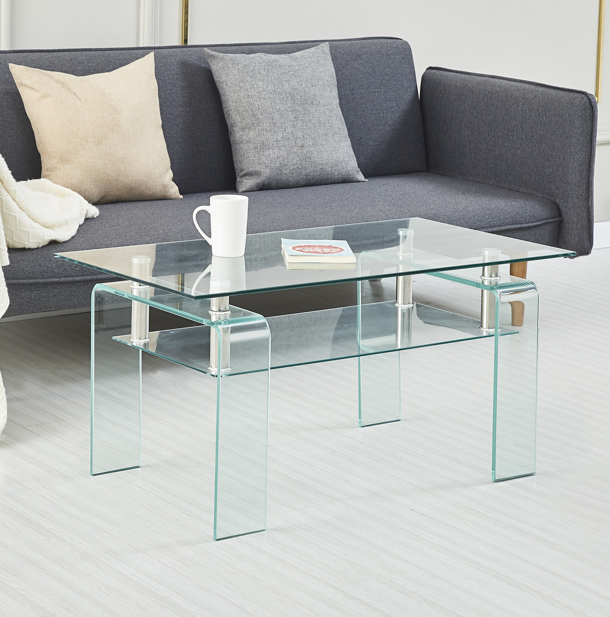 Table Basse En Verre Trempé Transparent, Double Plateau, 100 X 55 X 45 Cm, Redom
