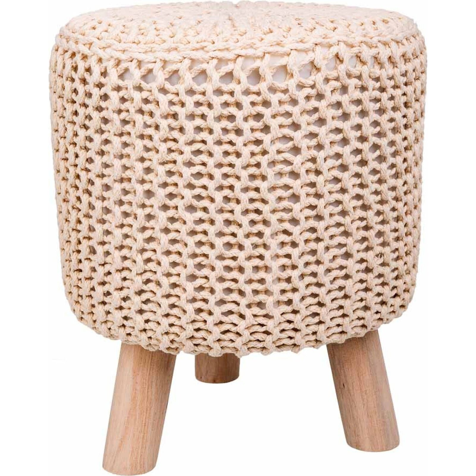 Tabouret Rond Crème En Bois Et Coton Style Bohème - Crème Naturel Et Bois Clair
