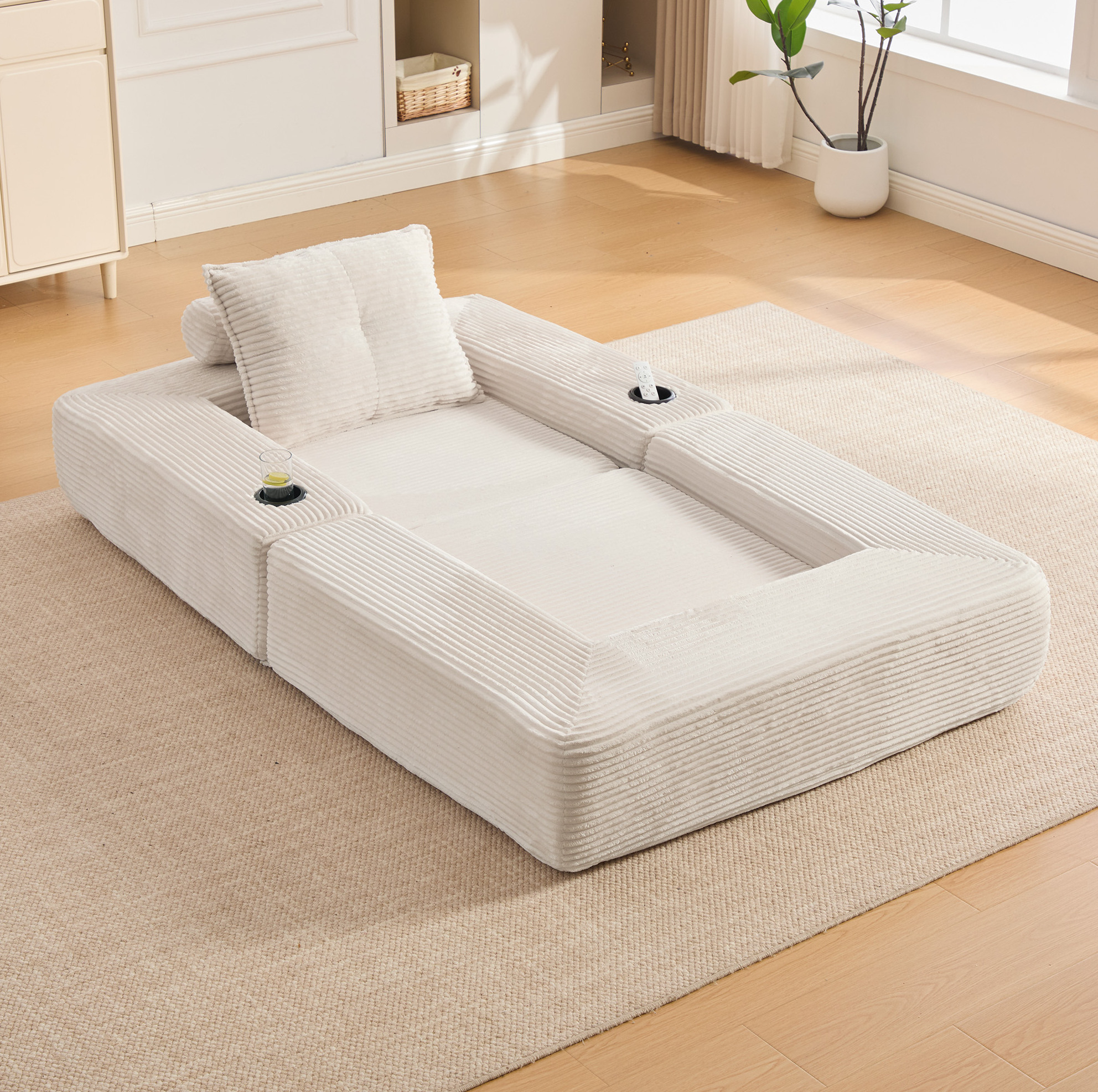 Canapé-lit Pliable En Corduroy Beige, Mousse Haute Densité, Ressorts, 1 Place