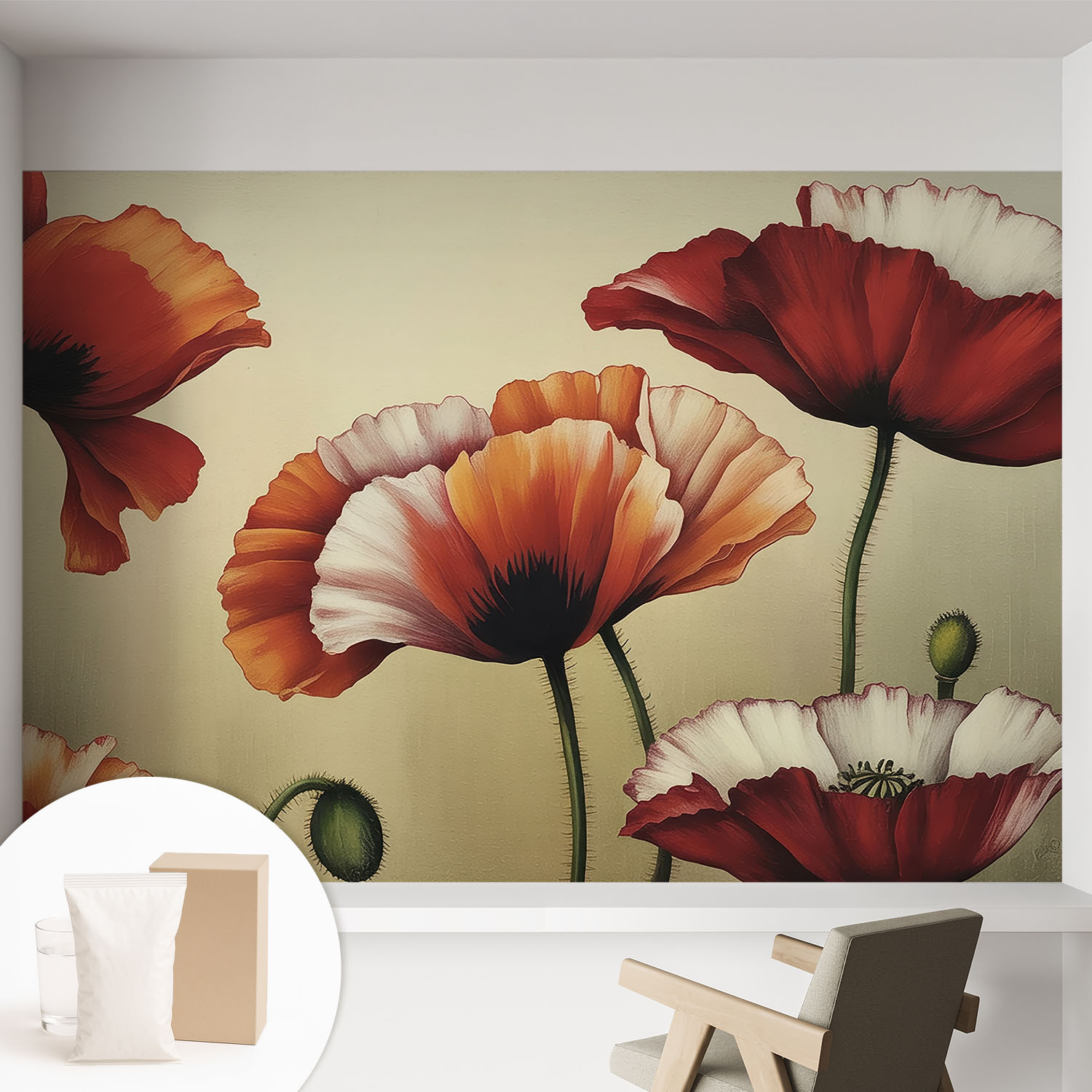 Papier Peint Intissé Mural Classique Avec Imprimé Motifs Décoratifs Design Élégant Non‑tissé Coquelicots Joyeux 152x104 Cm