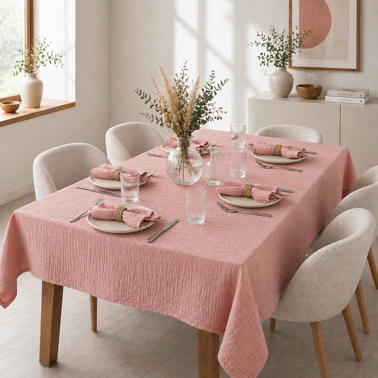 Nappe Rectangle 150 X 250 Cm + 6 Serviettes De Table - Double Gaze De Coton Gaïa Rose Pêche