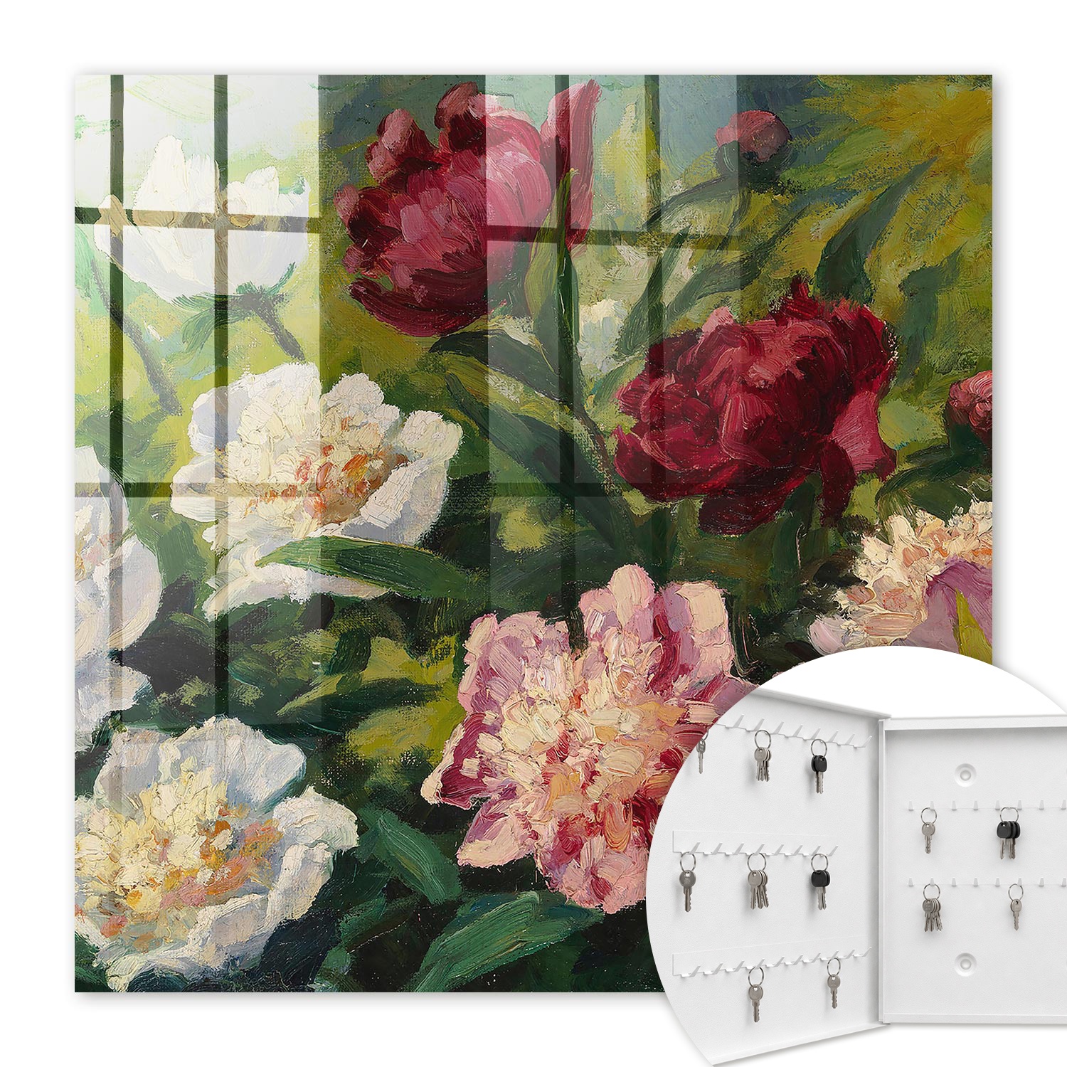 Armoire À Clés - (30 Cm X 30 Cm) - Boîte À Clés Murale - Coffret De Rangement Pour Clés - Couleur Blanche - Ouverture Vers La Gauche - Pour Maison Et Bureau - Fleurs Colorées