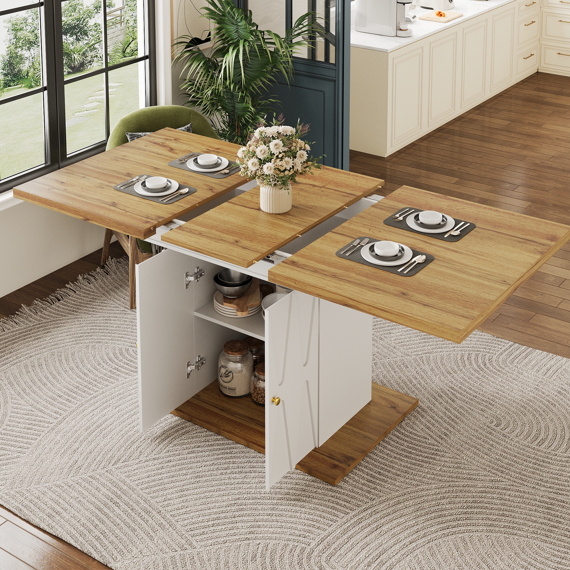 Redom Table De Salle À Manger Extensible 110x70x76.5 Cm Plateau Mdf, Pieds Avec Rangement Et Motif Relief, Mdf Métal Blanc