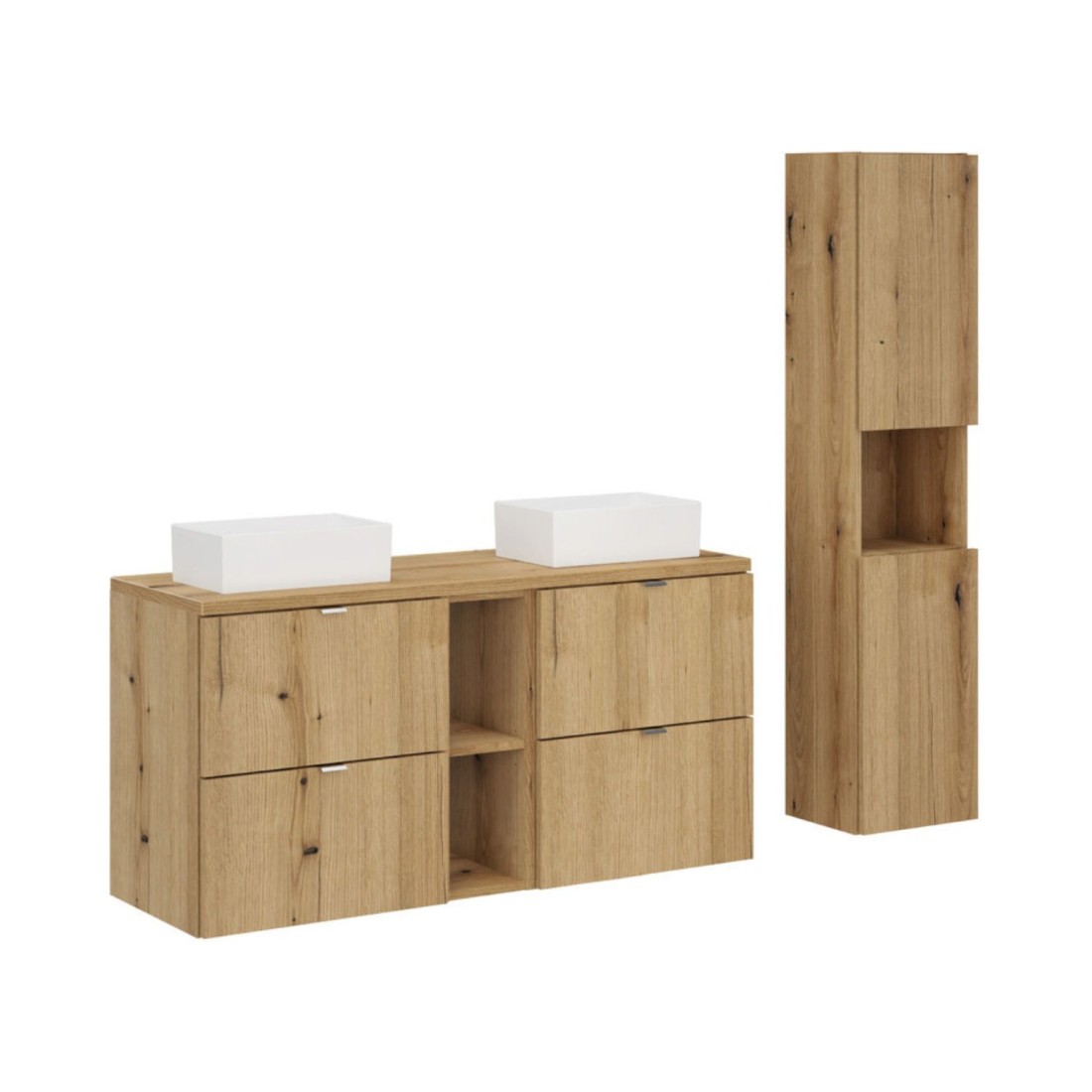 Ensemble Vano Aspect Chêne 150cm: Meubles Sous Vasque À Tiroirs Et Niches + Plan Pour Vasque + Vasques À Poser + Colonne