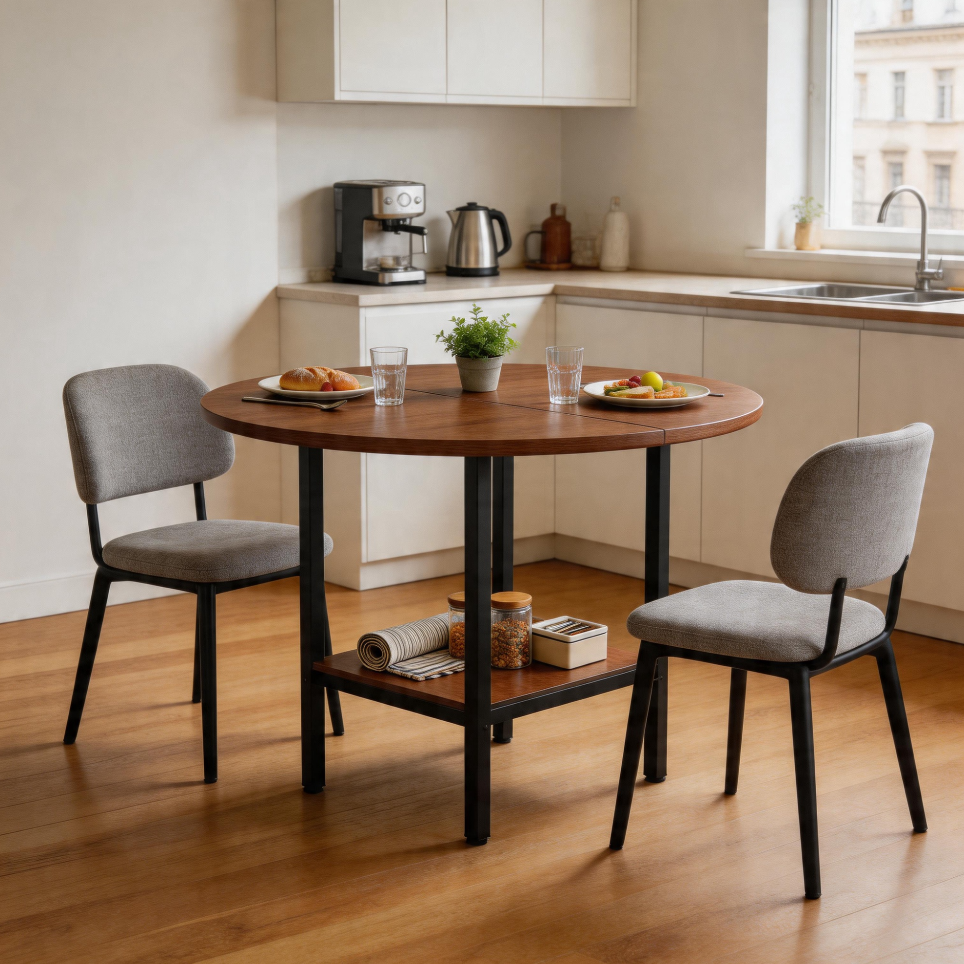 Table À Manger Ronde Avec Étagère De Rangement, Ø100 X H77 Cm, Mdf Et Métal, Noyer, 4 À 6 Places