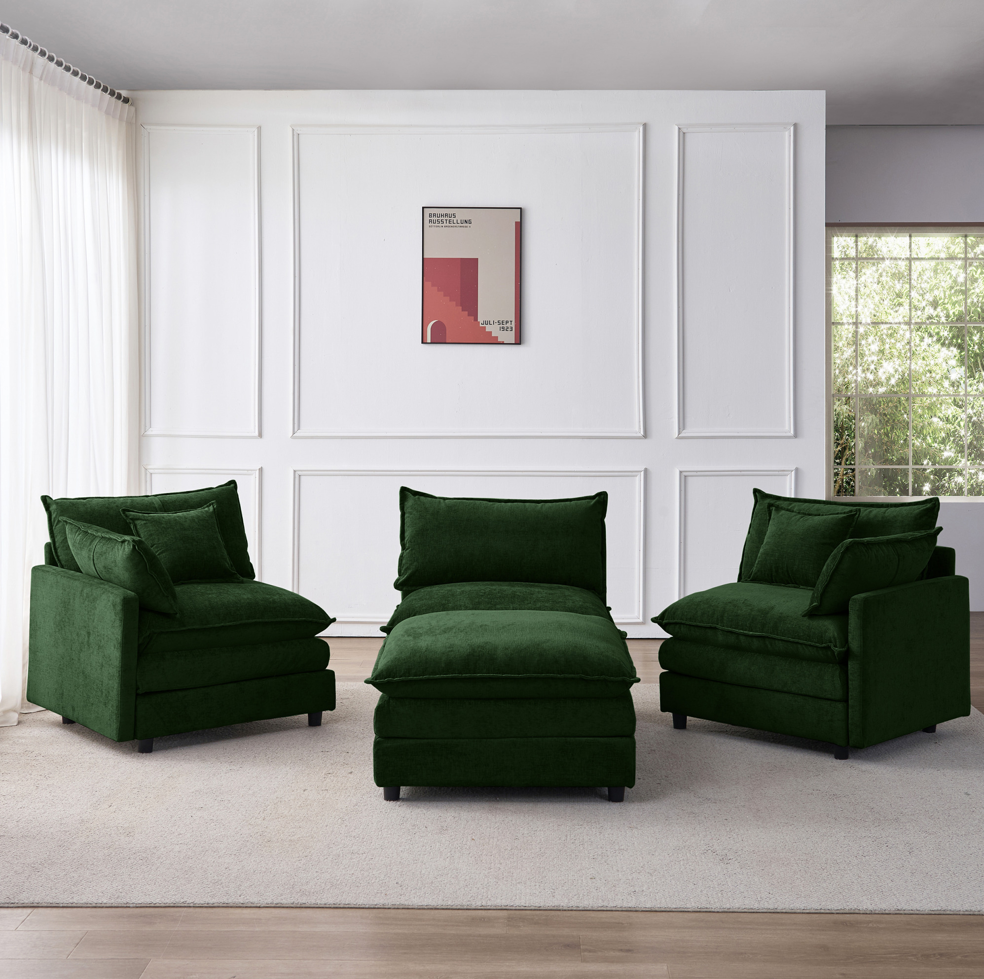 Canapé D'angle Modulable 3 Places En Chenille Verte, Avec Méridienne Et Pouf, Redom