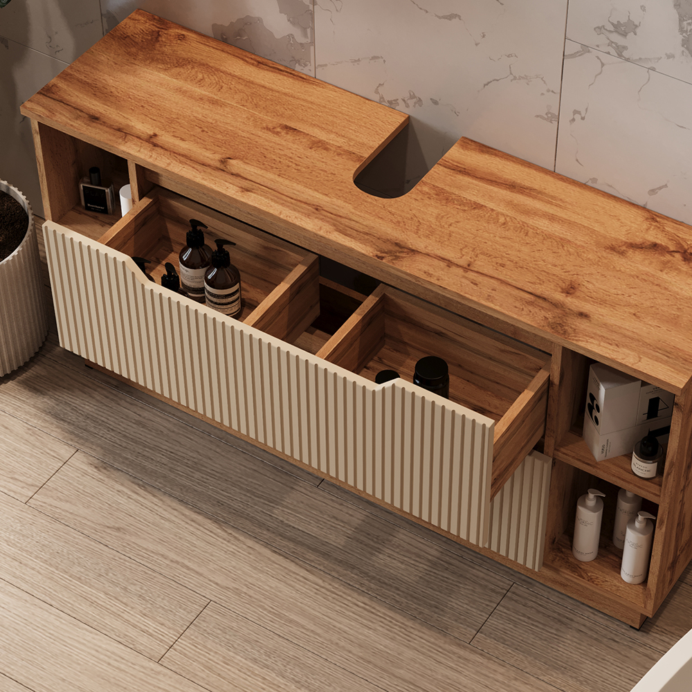 Meuble Sous Vasque Simple Lotta, Chêne/cachemire Rayé, 119.2x62.5cm Avec 2 Tiroirs, Vicco