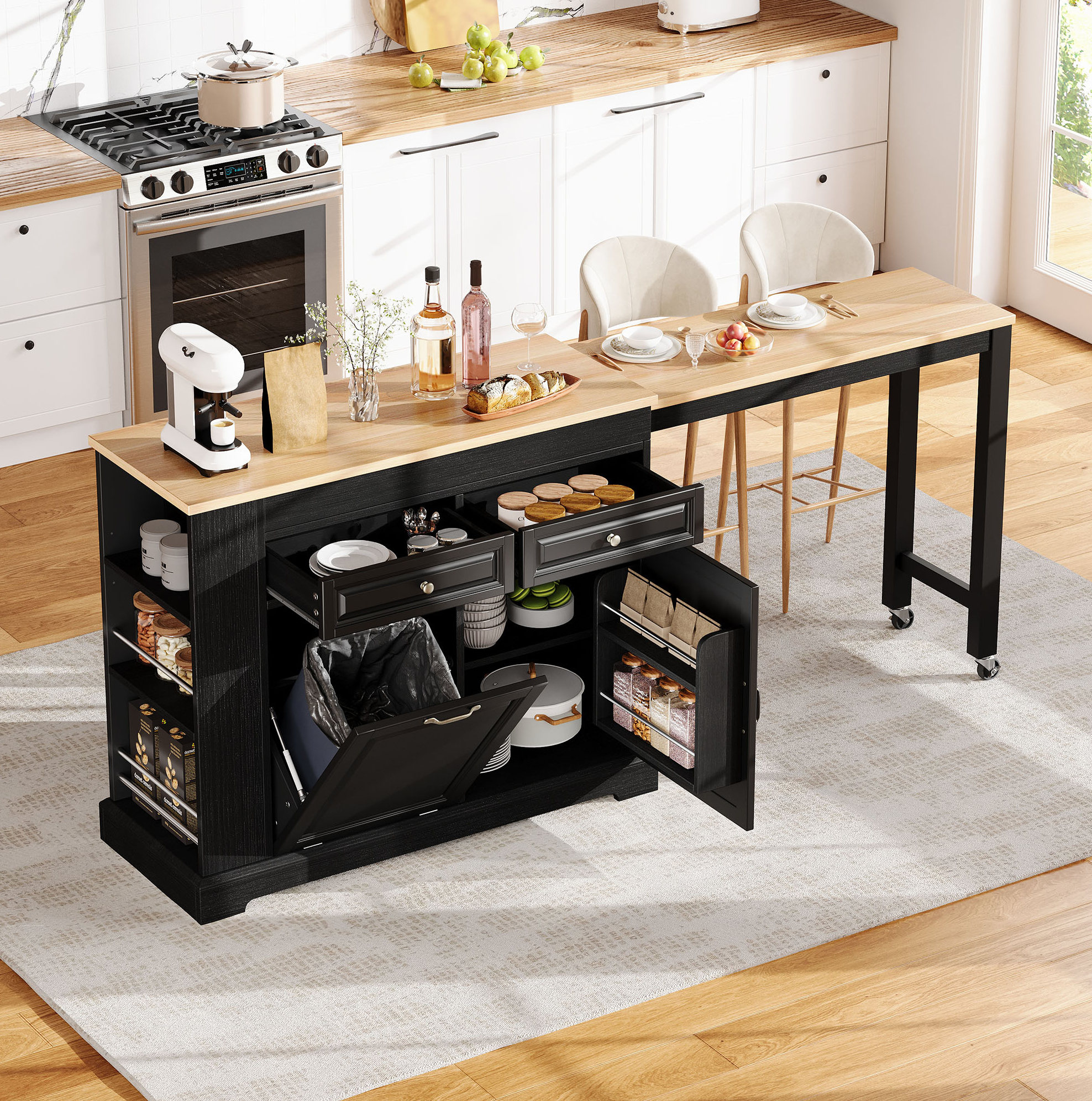 Îlot De Cuisine Mobile Extensible 112-180 X 45 X 92 Cm, Mdf, Noir Et Bois