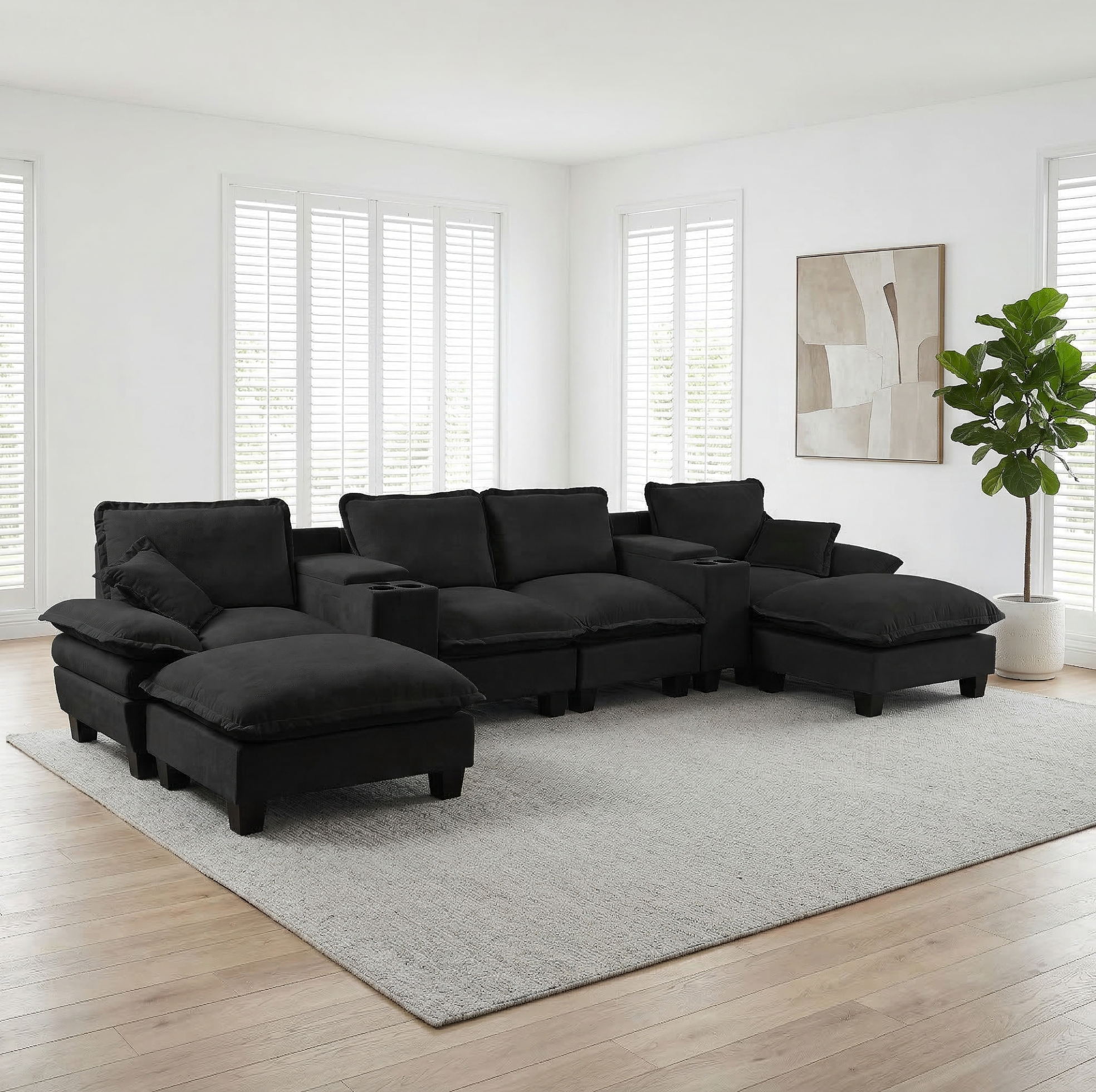 Canapé Modulable En U Noir, Tissu Chenille, 2 Consoles De Rangement, Porte-gobelets Et Usb