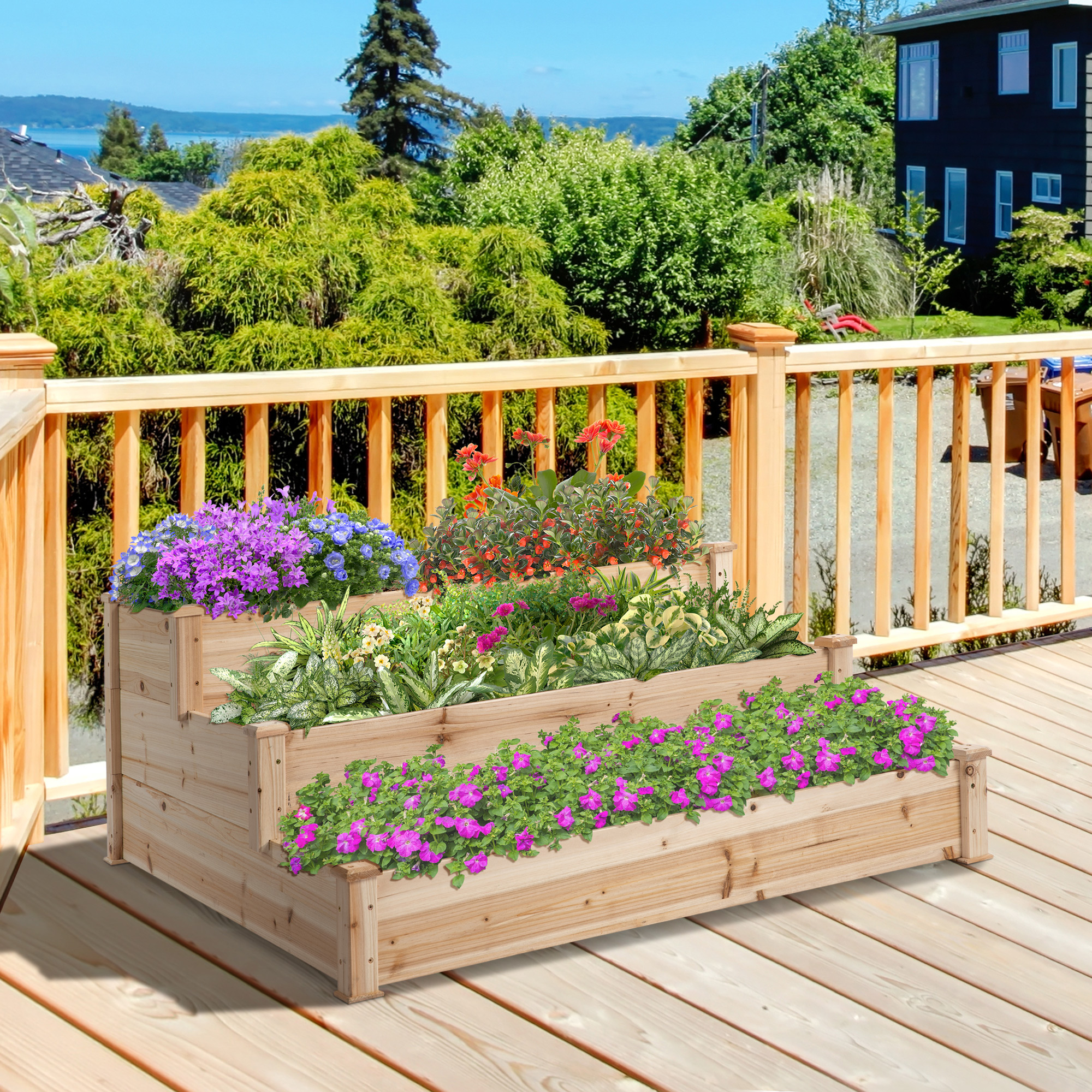 Redom Carré Potager Surélevé 124x124x56 Cm, Design À 3 Niveaux, Sans Fond, En Bois, Couleur Bois Naturel