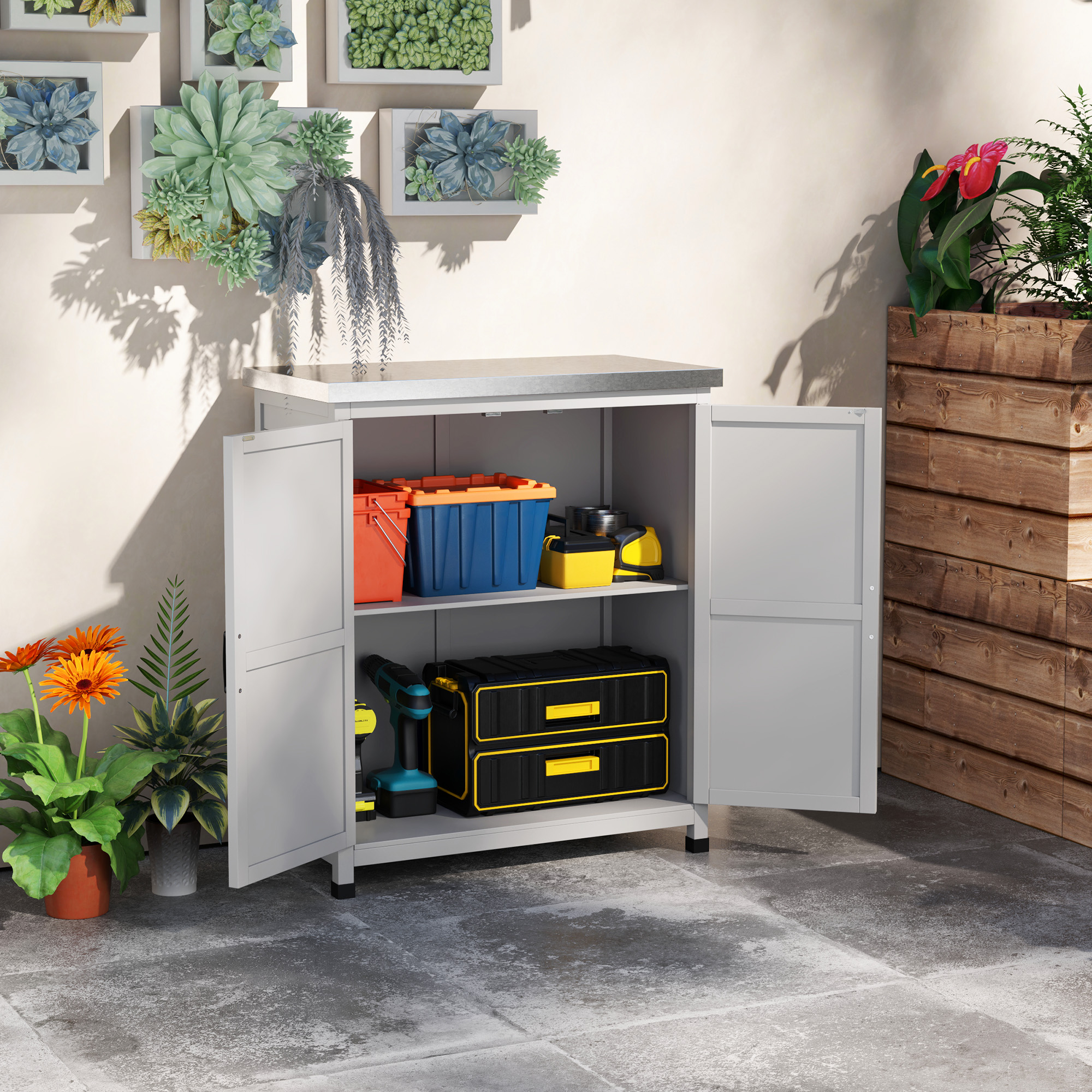 Redom Armoire De Jardin 79x43x92 Cm, Avec Plan De Travail, Double Porte, Étagère Intérieure, Bois Gris